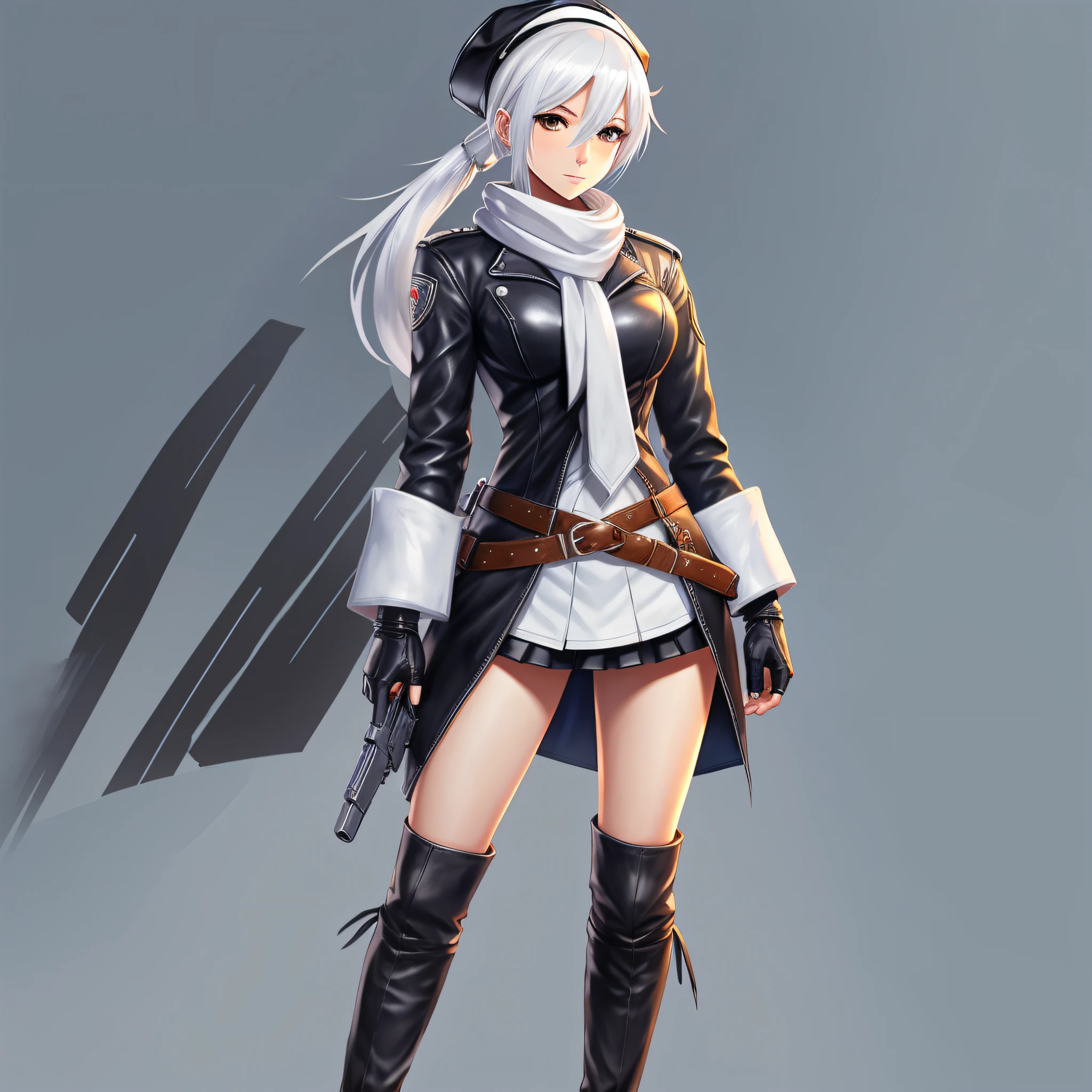 concept art, anime girl, full body, white background, hair tied, wearing cap, white hair, leather gloves, wearing scarf, wearing leather boots, holding a pistol