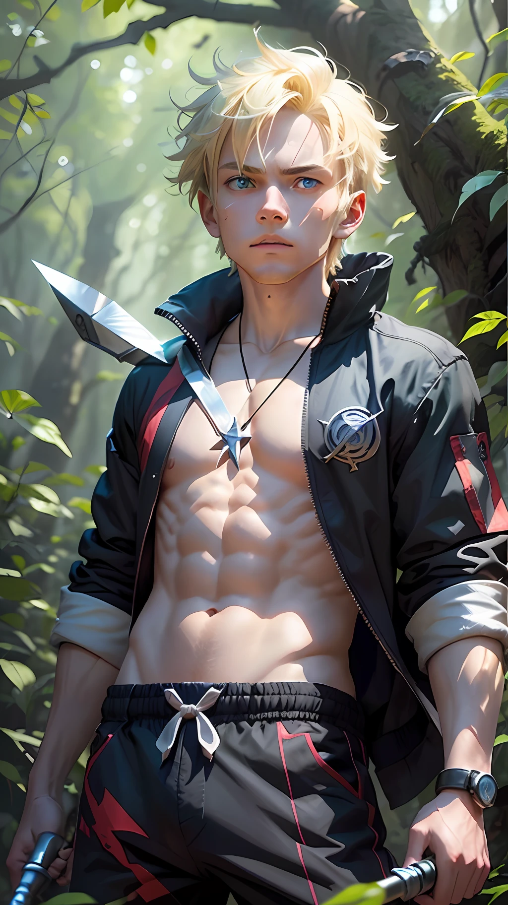 full-body, bright, a blond-haired boy with blue eyes and a whisker-marked face, wearing a black tracksuit with red stripes and a green flak jacket, holding a kunai in his right hand and a shuriken in his left hand, standing on a tree branch in a forest, a mark on his left palm that resembles a diamond with four triangles around it, 4k, anime