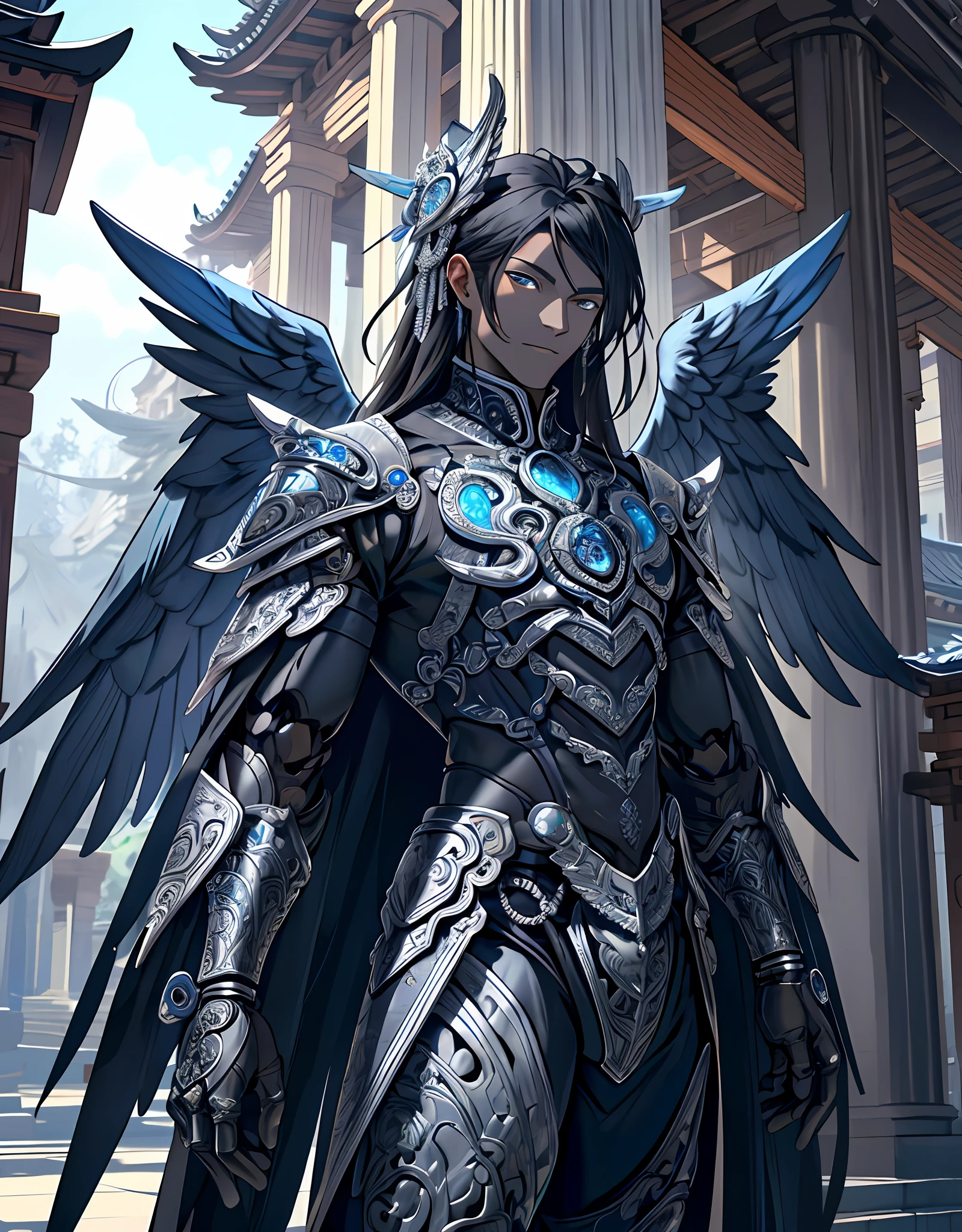 ((raw photo)), ((masterpiece)), anthropomorphic humanoid Angel wearing ebony armor with silver adornments, intricate detail, futobot, intricate Greebles pieces, temple behind, large wings, black hair, blue skin