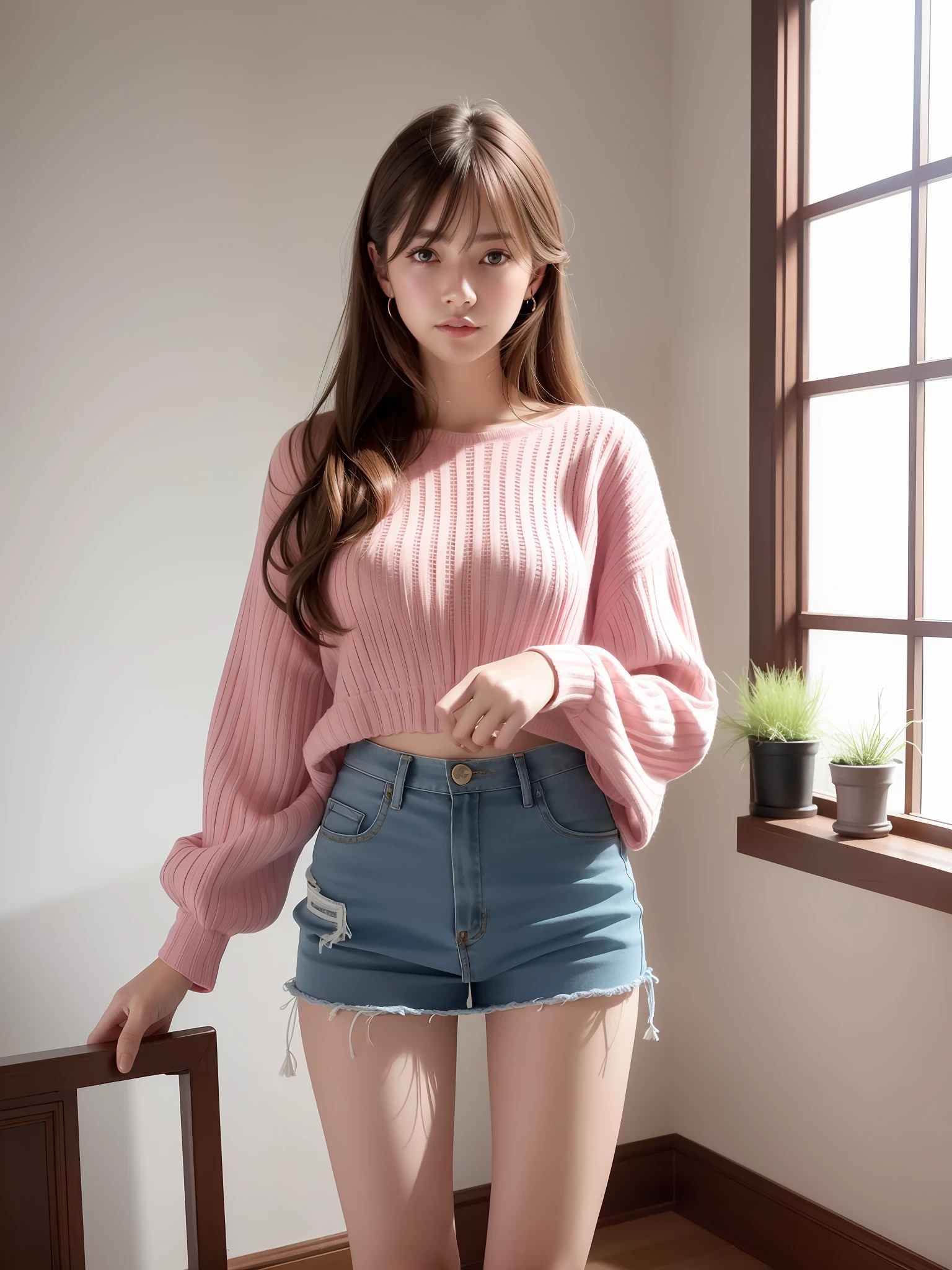 Image quality, high quality, realistic, high-quality costumes, detailed and delicate skin, perfect finger modeling, light makeup, indoors, knitted, long sleeves, pink, white, denim mini skirt, skinny, semi-long hair, thin legs, whitening skin