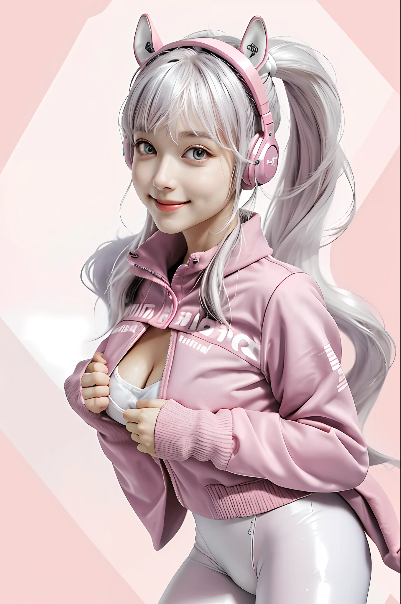 1girl, animal ears, bangs, blush, tights, chest, shut up, fake animal ears, gloves, headphones, headphones, horse ears, impossible clothes, jacket, big breasts, long hair, long sleeves, looking at the audience, pink tights, pink eyes, simple background, skin tight, smile, solo, double ponytail, upper body, very long hair, white background, white gloves, white hair, alice \ (nikke\), (masterpiece: 1.4), (best quality :1.4), (shiny skin), realistic