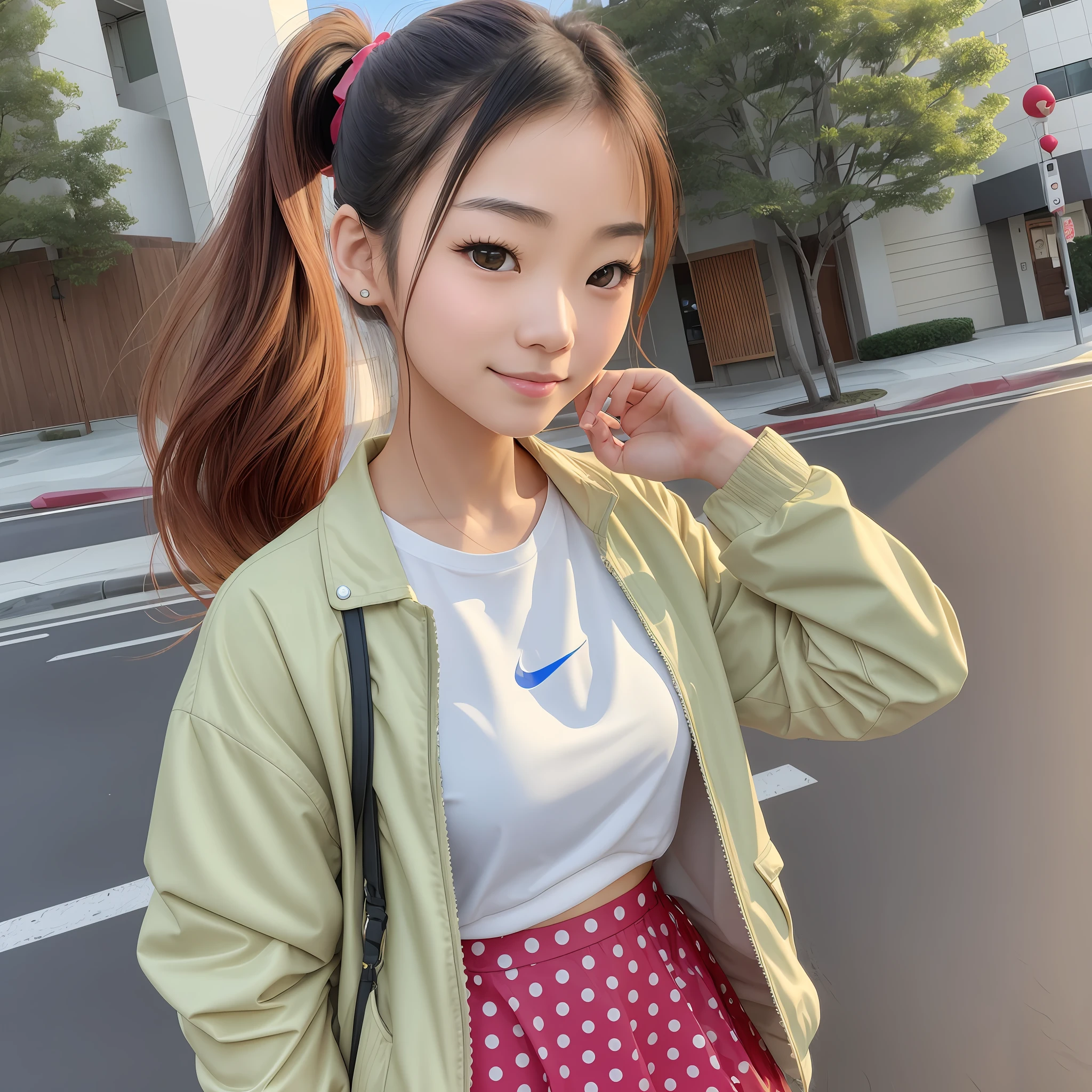 Beautiful, Japanese, woman20 years old, Small face with a straight nose and rose-like lips , smiling face, facing front, beautiful eye, beautiful face, beautiful hair, ponytail hair, beige hair, Red polka-dot skirt, light blue-green shirt, beige jacket,nike sneakers, photorealism, super detailed, Flalbest qualitylt, masterpiece, ultra-detalied, dynamic angle, crisp photo --auto --s2