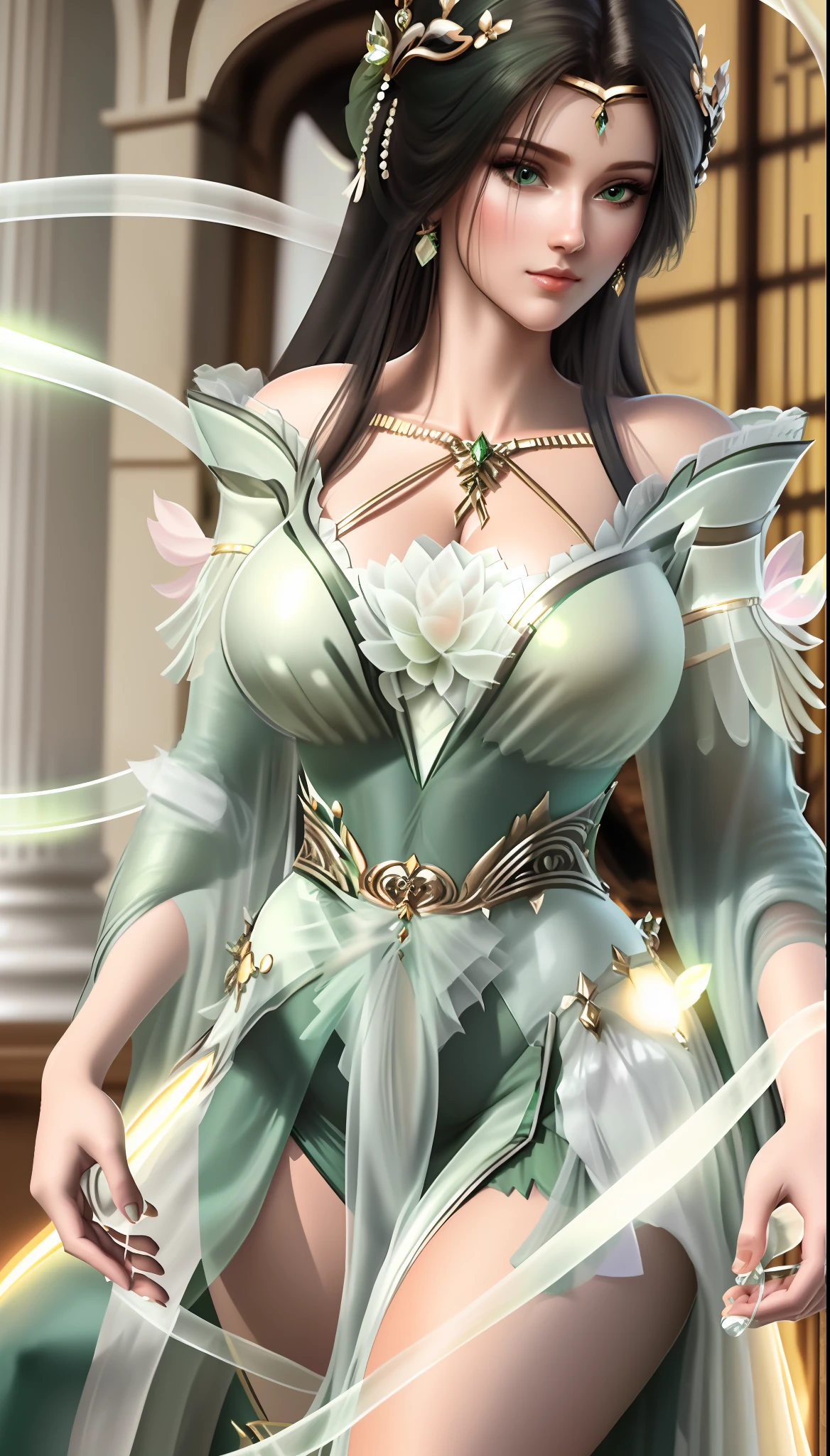 Close up of a woman, light green transparent costume, goddess, big breasts, charming, seductive, erotic, thighs, beautiful legs, bare body