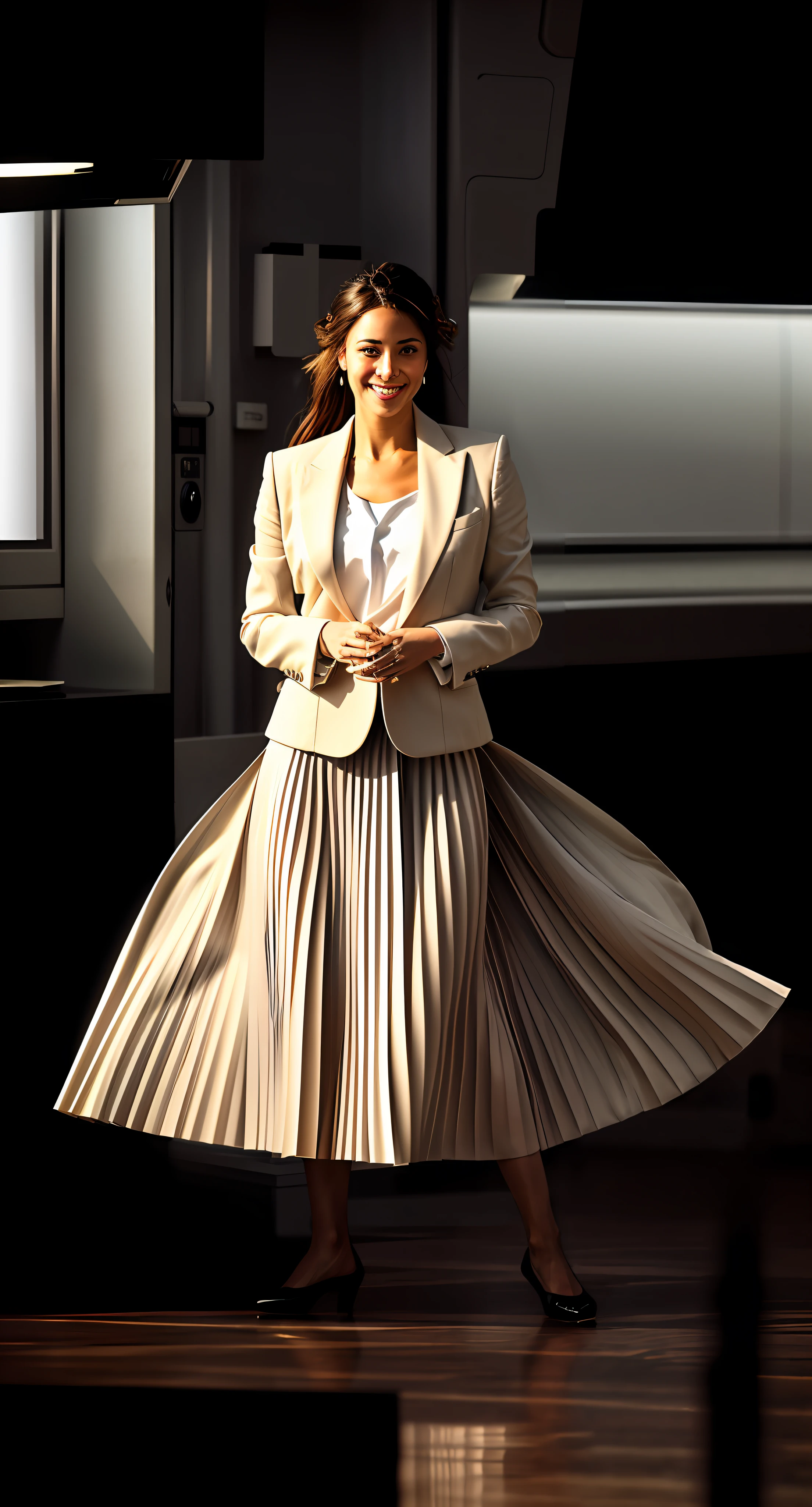 35mm f1.4 Kodak portra 400 photograph, extremely high quality RAW photograph, a therapist is dancing in her skirt (in a flirting manner:1.3) on a space station, (shy) authentic (kind and tender) lesbian woman wearing a short blazer with a very very detailed (long (fully pleated) full circle skirt) and (simple) low heeled office shoes, very very intricate hyper-detailed symmetric (attractive graceful young feminine face) with (sad, tired) eyes and a (flirty smile:1.3), full of empathy and compassion and love, (pronounced feminine features:1,3), big boobs, large breasts, shirtless, topless, (highly detailed ultra accurate realistic) hands and fingers, ((windy conditions and wind blowing)), epic composition, highly detailed attributes, highly detailed atmosphere, detailed background, intricate, Exquisite details and textures, highly detailed, deep space station secret operations active background