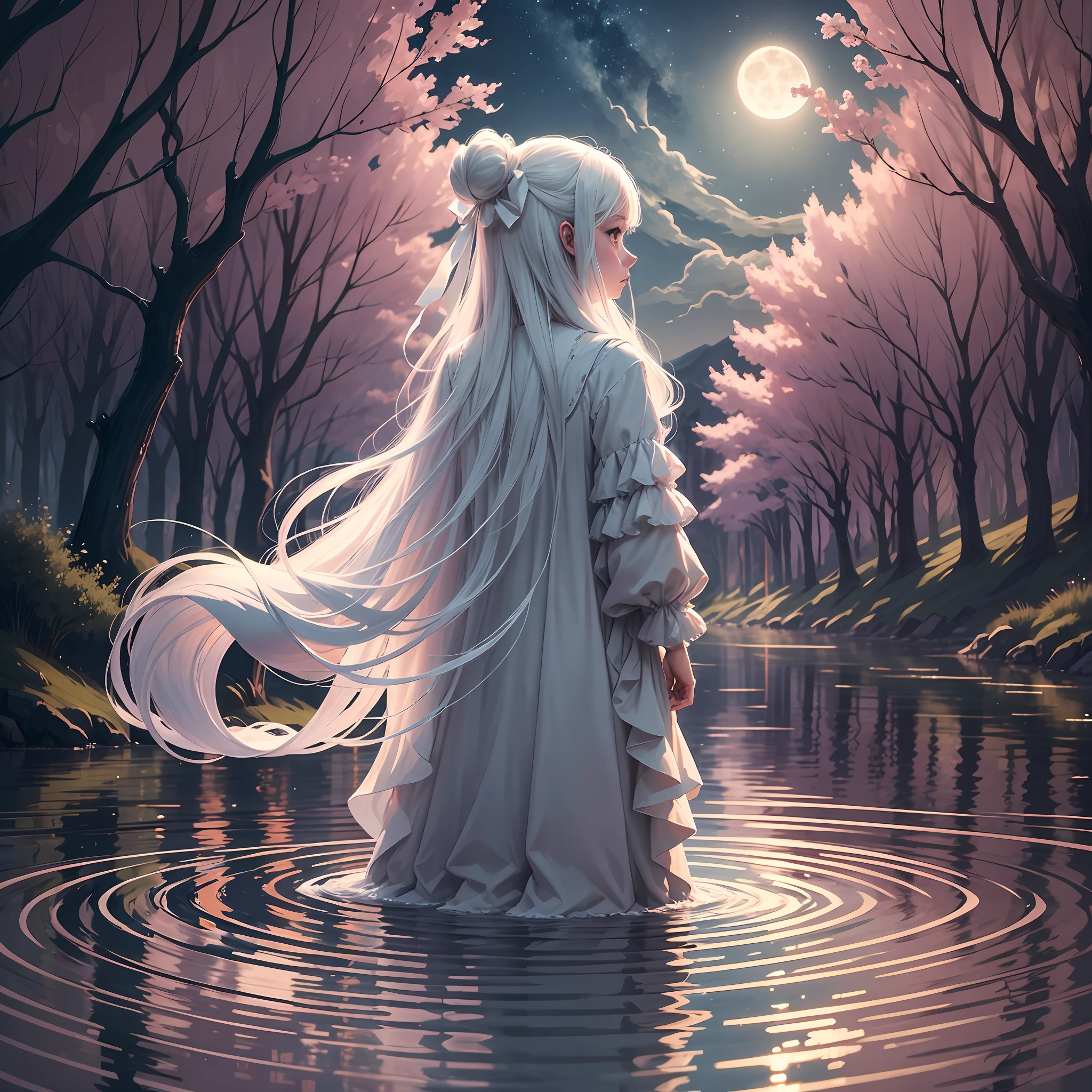 A ghost standing by a river is staring at his reflection on the surface of the water. The ghost has long hair bunched back and pale lips on a white face. Behind the ghost, you can see the night sky with the full moon rising. --auto --s2