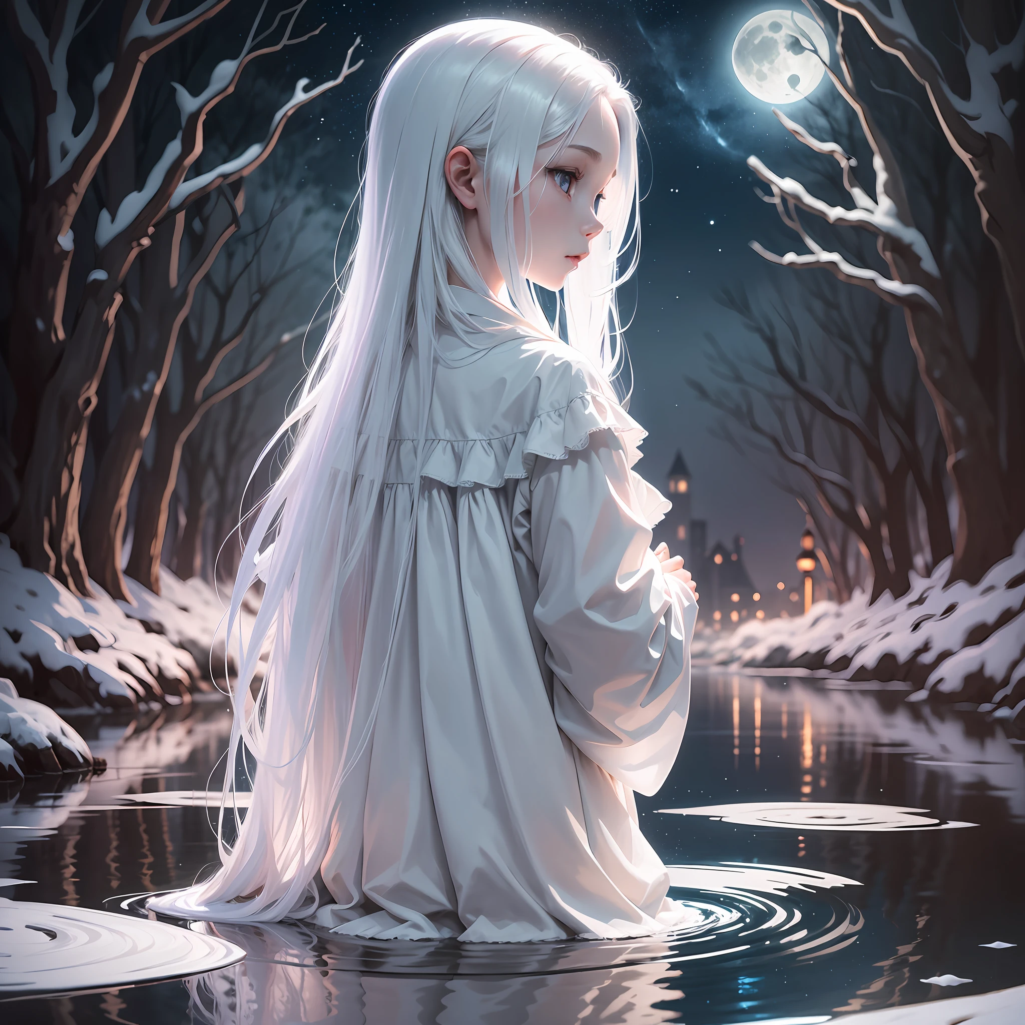 A ghost standing by a river is staring at his reflection on the surface of the water. The ghost has long hair bunched back and pale lips on a white face. Behind the ghost, you can see the night sky with the full moon rising. --auto --s2