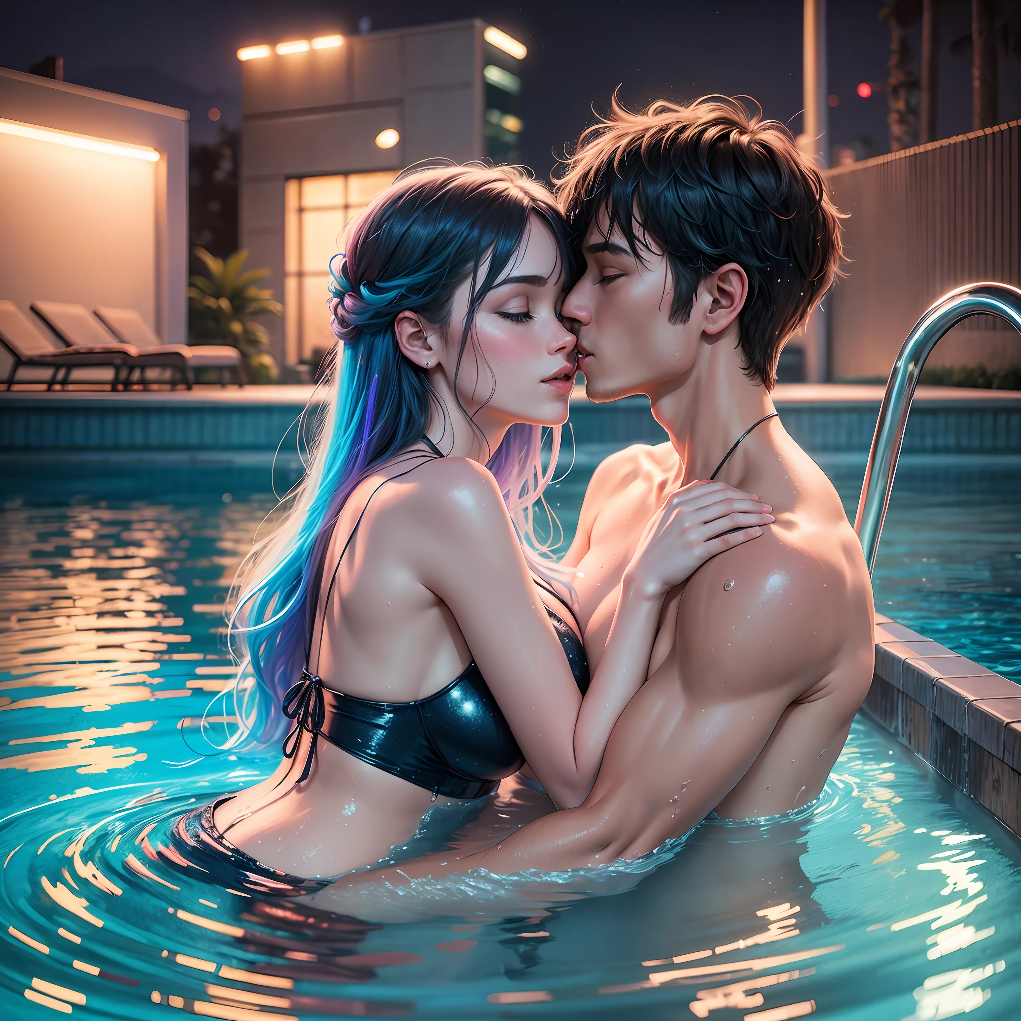 (high quality), (realistic photo) Man and woman kissing at night in a pool. Neon colored water rain --auto --s2