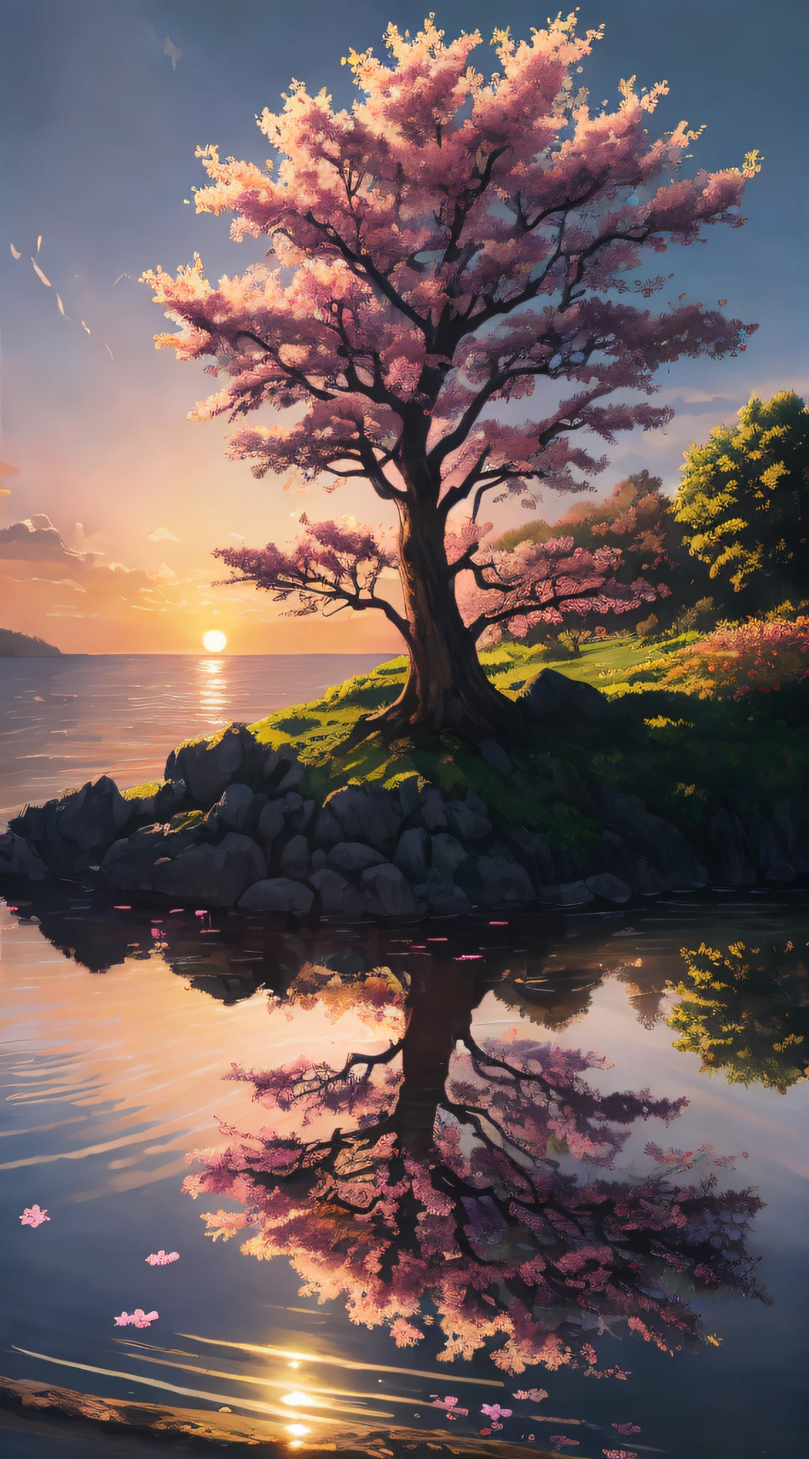 painting of a tree with pink flowers in the water at sunset, 4k highly detailed digital art, beautiful art uhd 4 k, detailed painting 4 k, 4k detailed digital art, 8k stunning artwork, 8k high quality detailed art, 4k hd matte digital painting, pink tree beside a large lake, 8k resolution digital painting, 8 k resolution digital painting