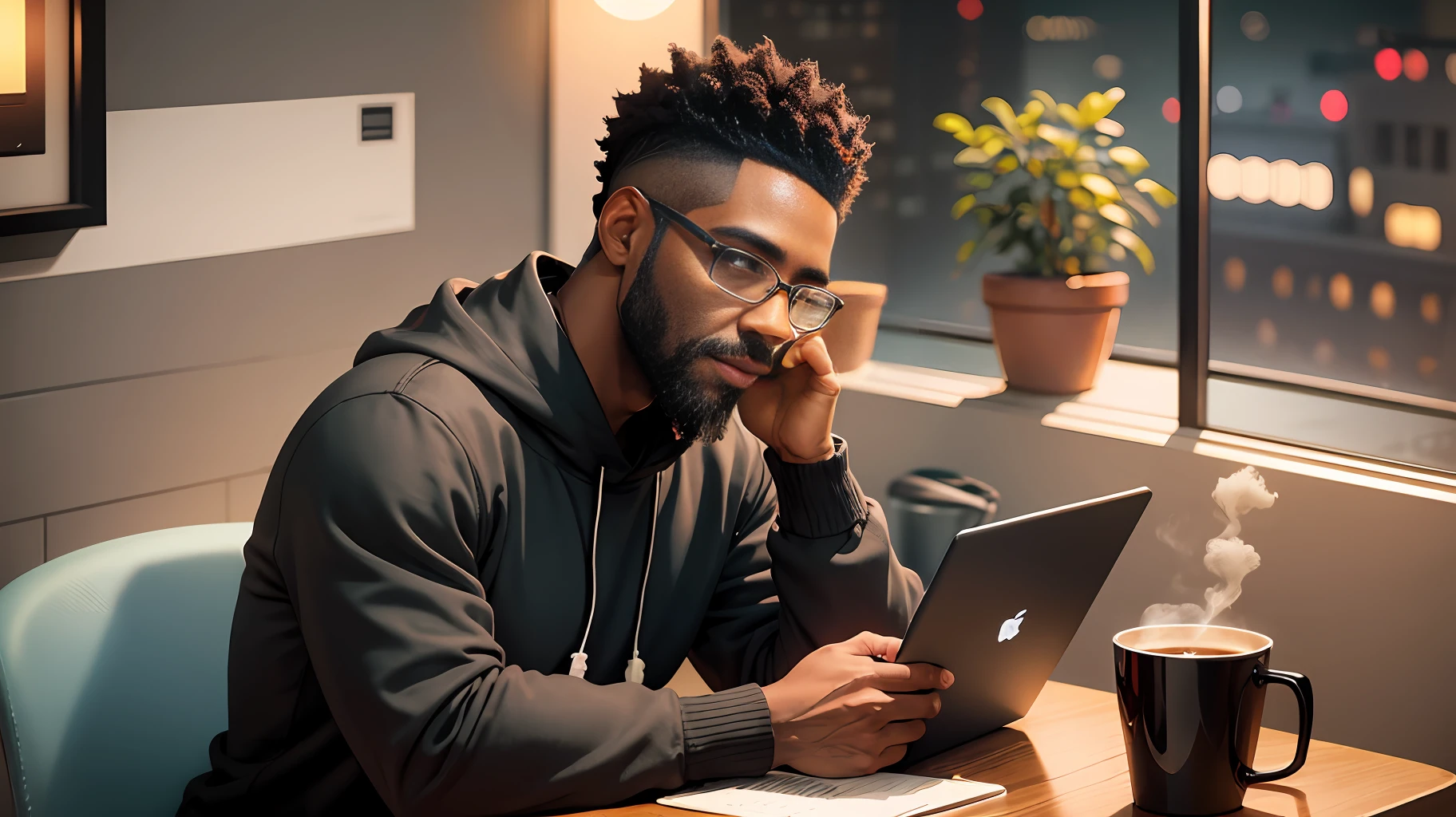 1 black man, shaved black hair, short beard in black sweatshirt, sitting in his chair facing the table with a cup of coffee and a laptop. Outside tonight --auto --s2