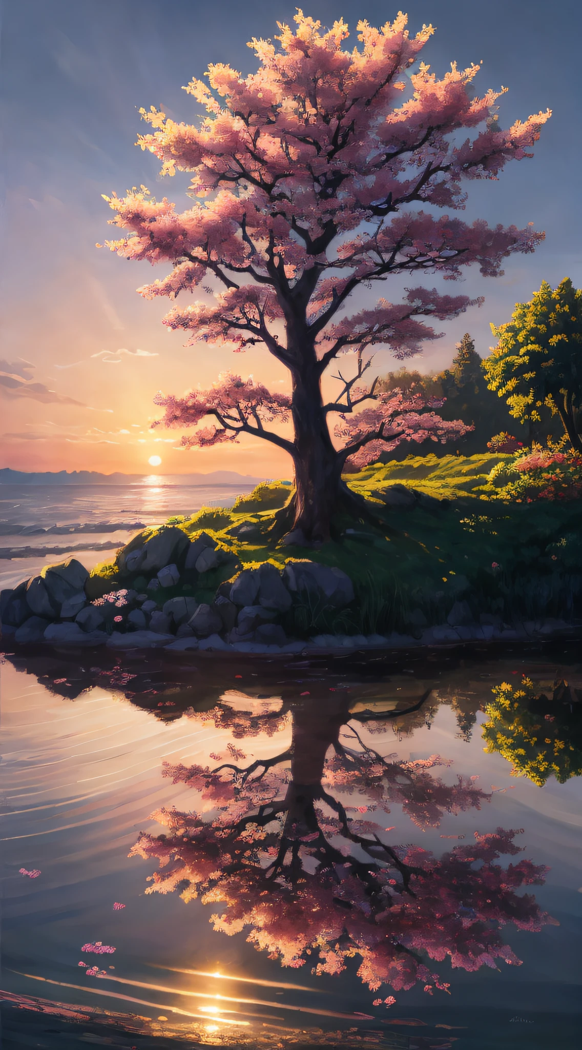 painting of a tree with pink flowers in the water at sunset, 4k highly detailed digital art, beautiful art uhd 4 k, detailed painting 4 k, 4k detailed digital art, 8k stunning artwork, 8k high quality detailed art, 4k hd matte digital painting, pink tree beside a large lake, 8k resolution digital painting, 8 k resolution digital painting