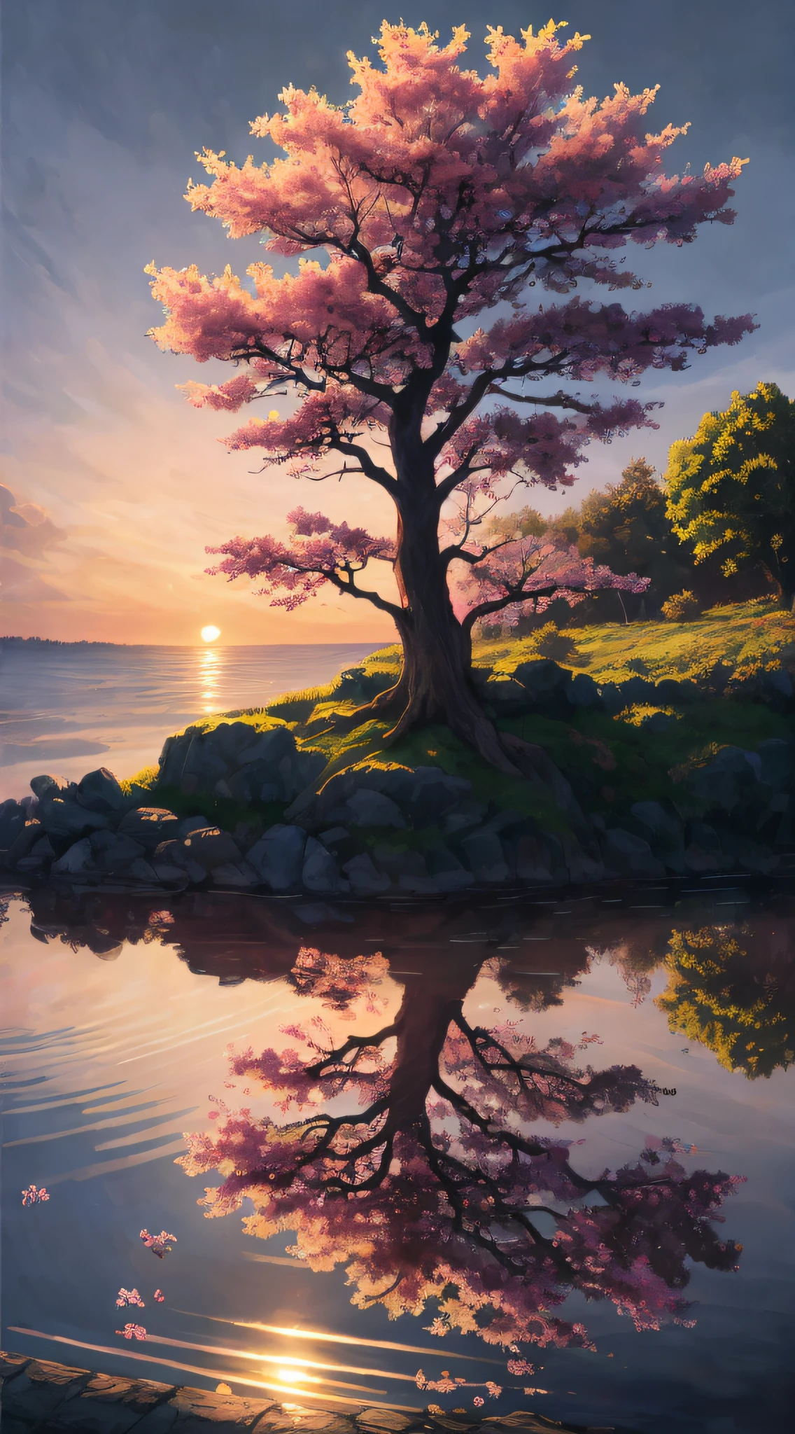 painting of a tree with pink flowers in the water at sunset, 4k highly detailed digital art, beautiful art uhd 4 k, detailed painting 4 k, 4k detailed digital art, 8k stunning artwork, 8k high quality detailed art, 4k hd matte digital painting, pink tree beside a large lake, 8k resolution digital painting, 8 k resolution digital painting