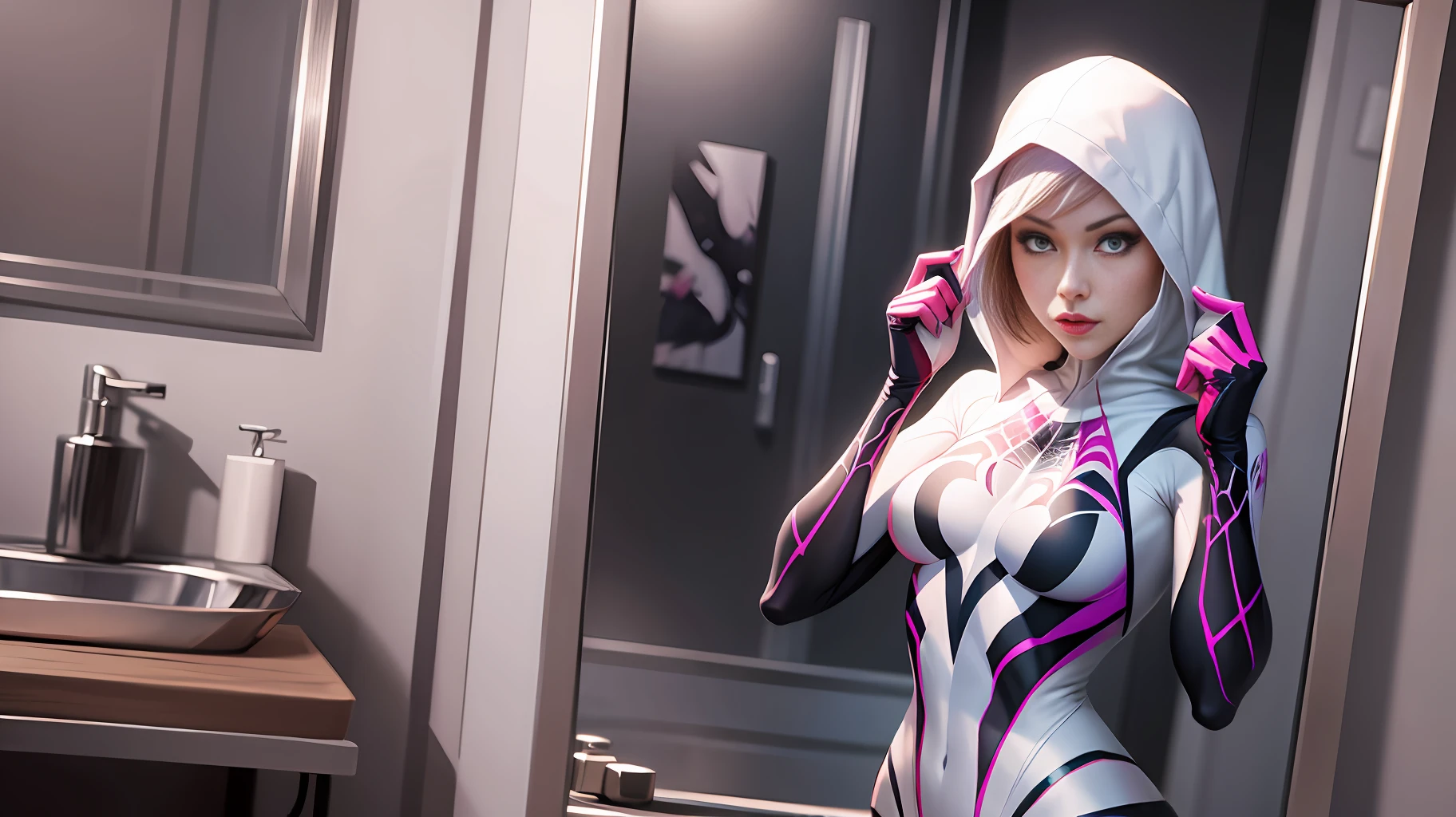 Spider Gwen takes mirror photos, realistic, HD and hyper-realism. --auto --s2