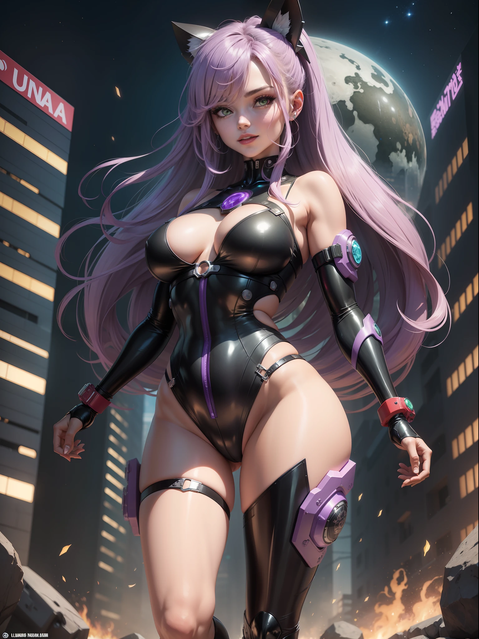 (full body photo, with feet on the ground, front view), ((Luana/Woman)) ({large breasts, Clothing:Black with white parts/Kamen Rider/Ninja/Samus Aran/extremely tight on body/transparent, smiling, red cheek, mouth:Red lipstick). Luana is: ("futuristic city with several flying cars flying in the sky, this night"). Luana:{(hair: purple color, short with teddy bear clip), (eyes: green), looking at the viewer, closed fists, fighting position, futuristic weapons attached to his costume, belt with red jewel and blue jewel on the breastplate)}, anime, anime style, motion blur, 16k, high quality, super detail, textured skin, anatomically correct, masterpiece, masterpiece, masterpiece, UHD, ccurate