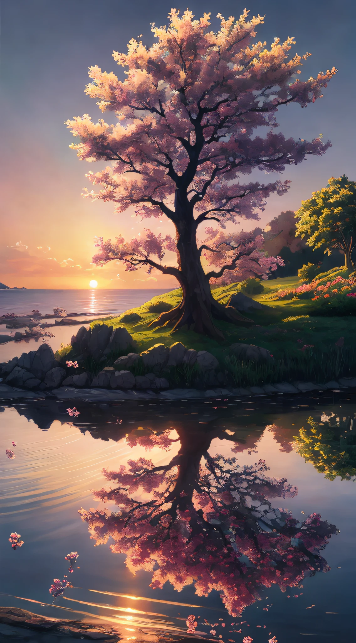 painting of a tree with pink flowers in the water at sunset, anime beautiful peace scene, anime nature, 4k highly detailed digital art, beautiful art uhd 4 k, anime nature wallpap, beautiful anime scenery, ross tran. scenic background, detailed painting 4 k, 8k high quality detailed art, anime landscape, pink tree beside a large lake
