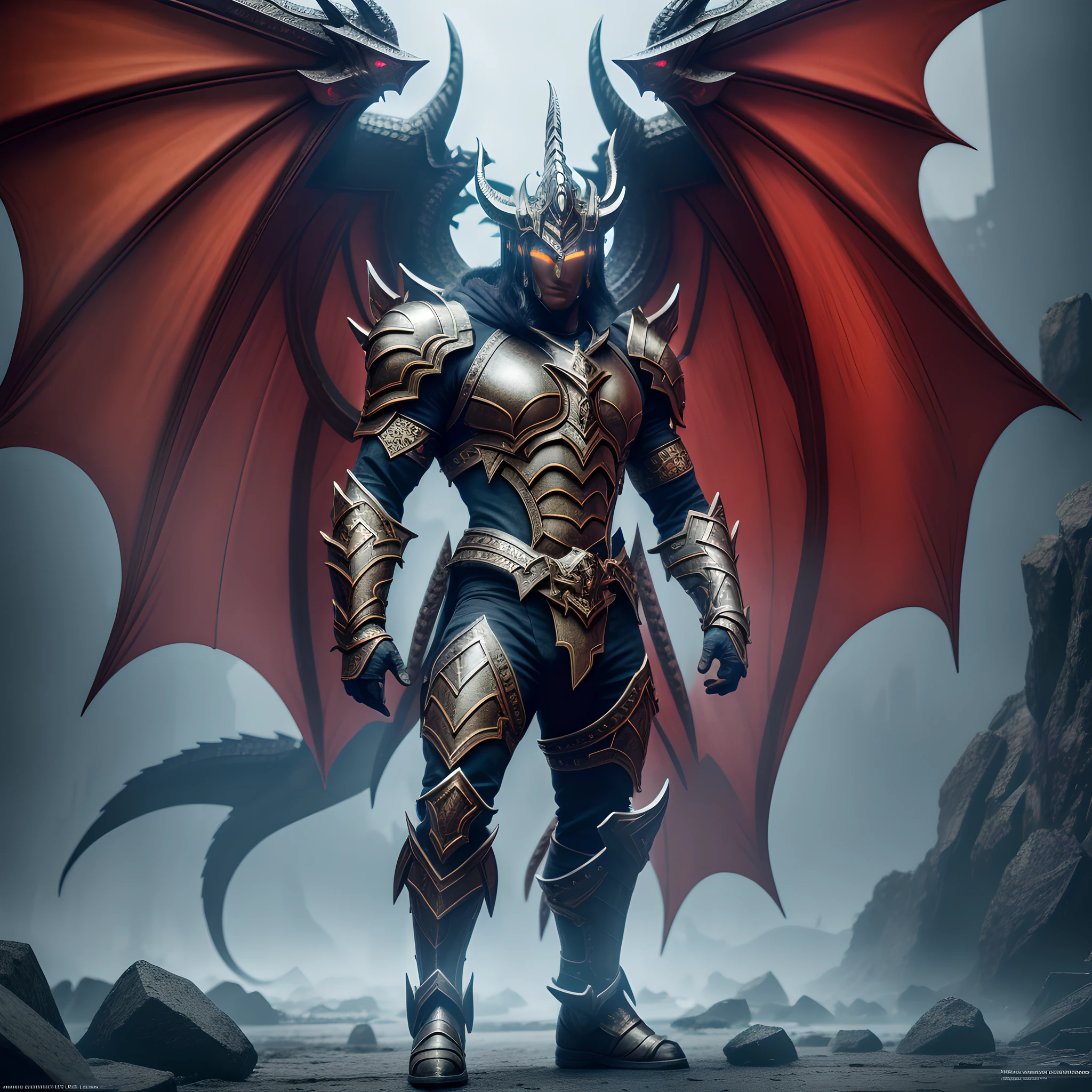 style modelshoot, full body photo of warrior man, TIAMAT, giant, dragon head, dragon wings, dragon tail, leader, necromancer skin, monster, terrifying, cyberpunk armor, technology, fire, ice, water, oil on canvas, masterpiece, dramatic lighting, godrays, lens reflection, 4k resolution, composition, sharp focus, studio photo, highly detailed, intricate, cinematic smooth unreal engine, Trend in Artstation