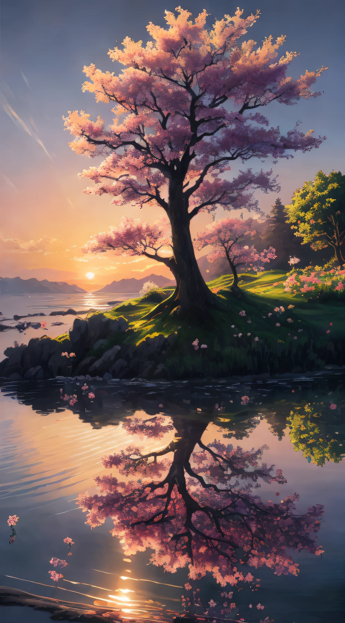 painting of a tree with pink flowers in the water at sunset, anime beautiful peace scene, anime nature, 4k highly detailed digital art, beautiful art uhd 4 k, anime nature wallpap, beautiful anime scenery, ross tran. scenic background, detailed painting 4 k, 8k high quality detailed art, anime landscape, pink tree beside a large lake