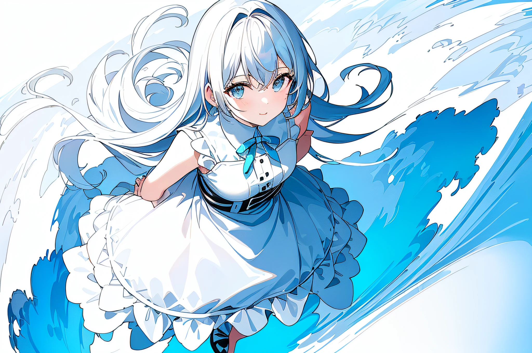 masterpiece,(best quality),(1girl) ,solo,(high contrast:1.2),(high saturation:1.2), ((hands on the pocket)),((black and white sundress)),looking at viewer,((white and light blue theme:1.3)),((white and light blue background:1.5)),white hair,blue eyes,((walking:1.3)),full body,black footwear,((the light blue water on sky and white cloud and day)),((from above:1.2)),Ink painting