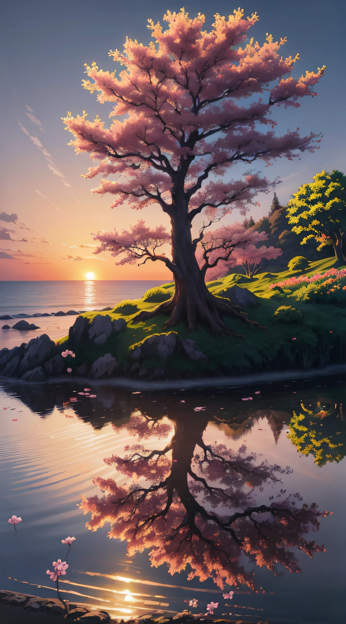 painting of a tree with pink flowers in the water at sunset, 4k highly detailed digital art, anime beautiful peace scene, beautiful art uhd 4 k, anime nature, anime landscape wallpaper, beautiful anime scenery, 4k detailed digital art, 8k high quality detailed art, anime landscape, anime nature wallpap, ross tran. scenic background
