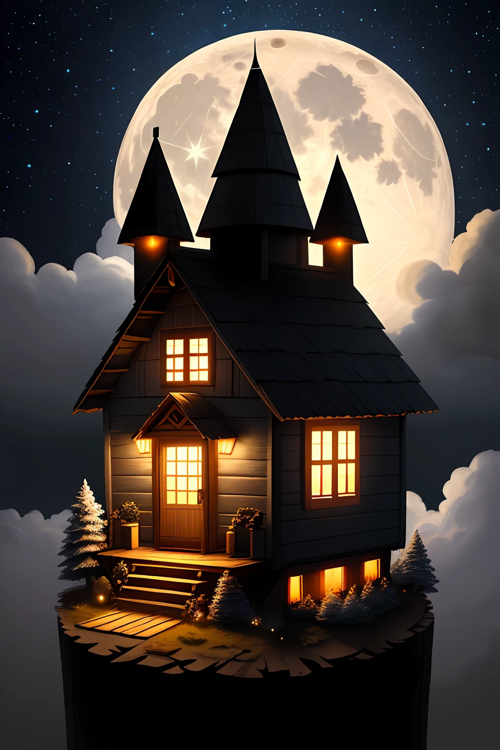 Giant full moon, clouds, starry sky in very dark night, small wooden house with lights on. Realistic illustration