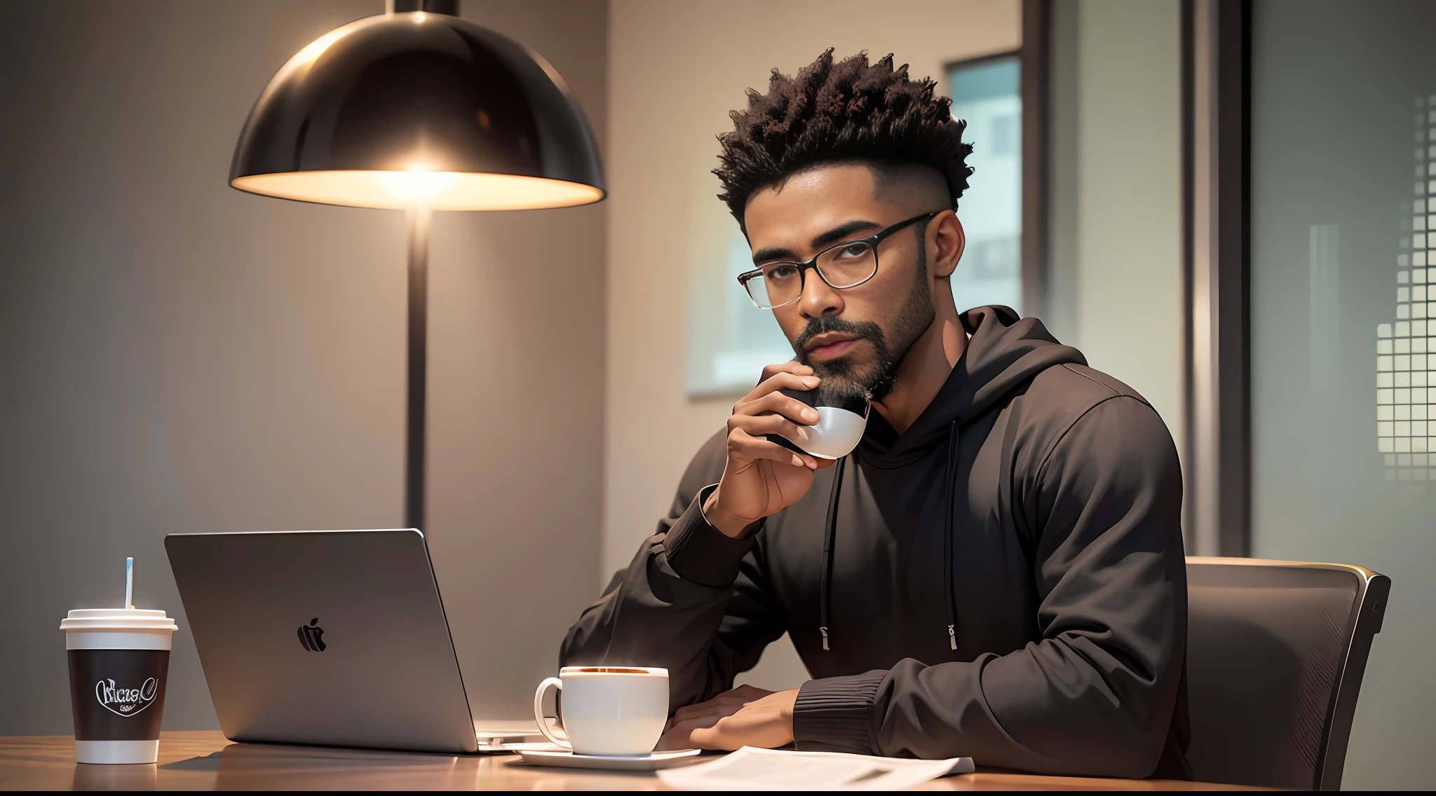 1 black man, shaved black hair, short beard in black sweatshirt, sitting in his chair facing the table with a cup of coffee and a laptop. Outside tonight --auto --s2
