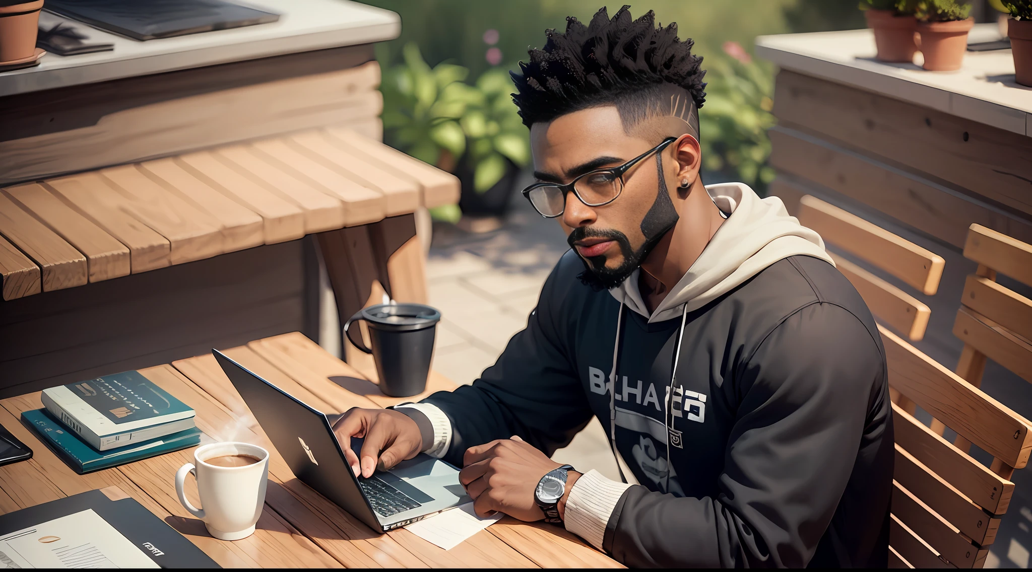 1 black man, shaved black hair, short beard in black sweatshirt, sitting in his chair facing the table with a cup of coffee and a laptop. Outside tonight --auto --s2