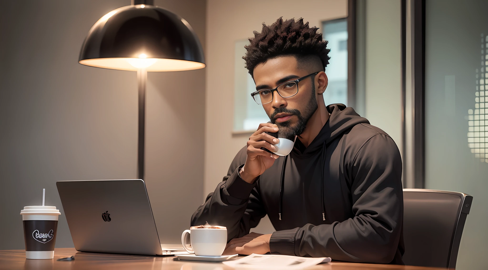 1 black man, shaved black hair, short beard in black sweatshirt, sitting in his chair facing the table with a cup of coffee and a laptop. Outside tonight --auto --s2