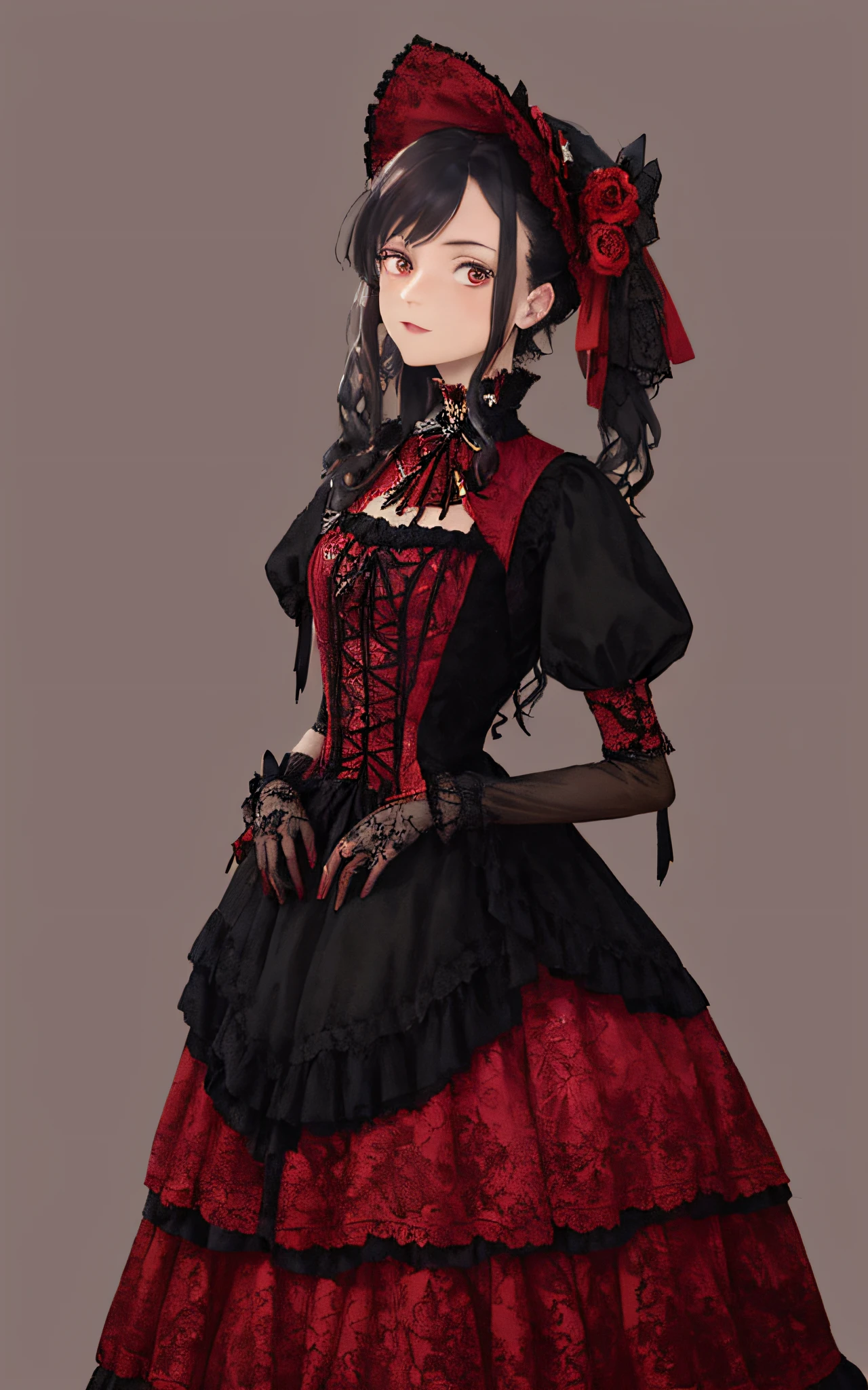 arafed image of a woman in a red dress and black gloves, victorian gothic lolita fashion, black gothic lolita dress, lolita style, baroque dress, in detailed steampunk dress, lolita fashion, gothic regal, ornate dark red opulent clothing, wearing a gothic dress, gothic maiden anime girl, rococo ruffles dress, black and red dress, red and black costume!!!