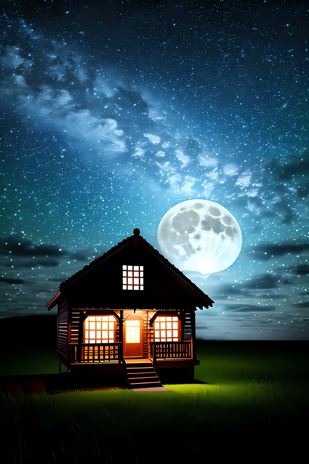 Giant full moon, clouds, starry sky in very dark night, small wooden house with lights on. Realistic and detailed image