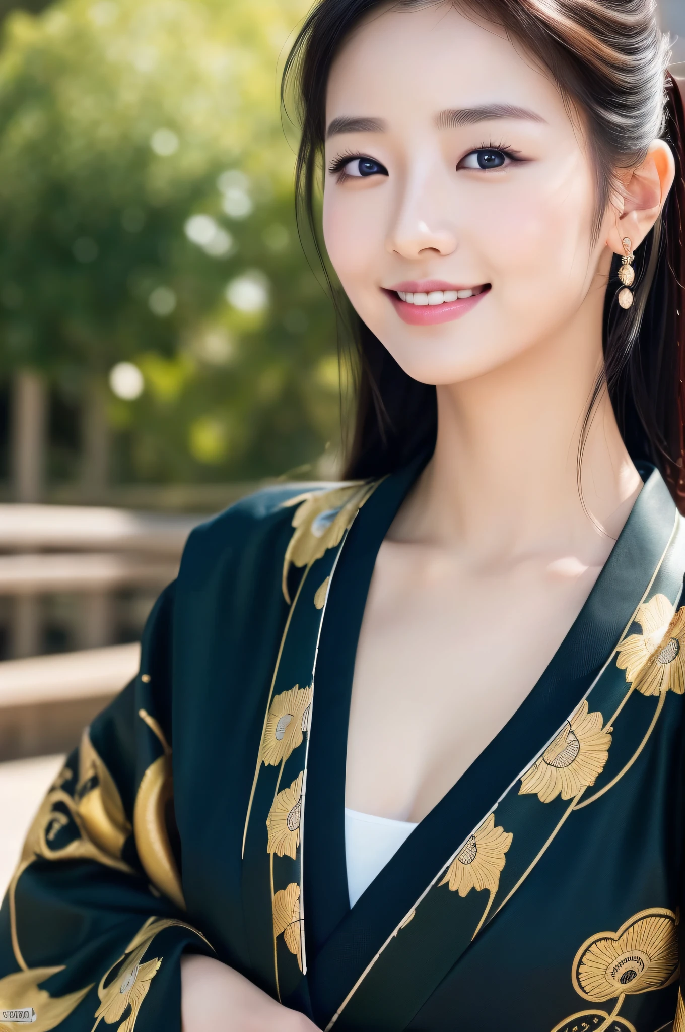 ((Top Quality, 8K, Masterpiece: 1.3)), Sharp Focus: 1.2, (Korean Cute Actress No.1), Realistic Photo (Shiny Skin), Realistic Photo, Black Hair, Wear Kimono, Realistic Pupil, Movie Lighting, Highly Detailed Eyes and Face, Movie Lighting, Smile