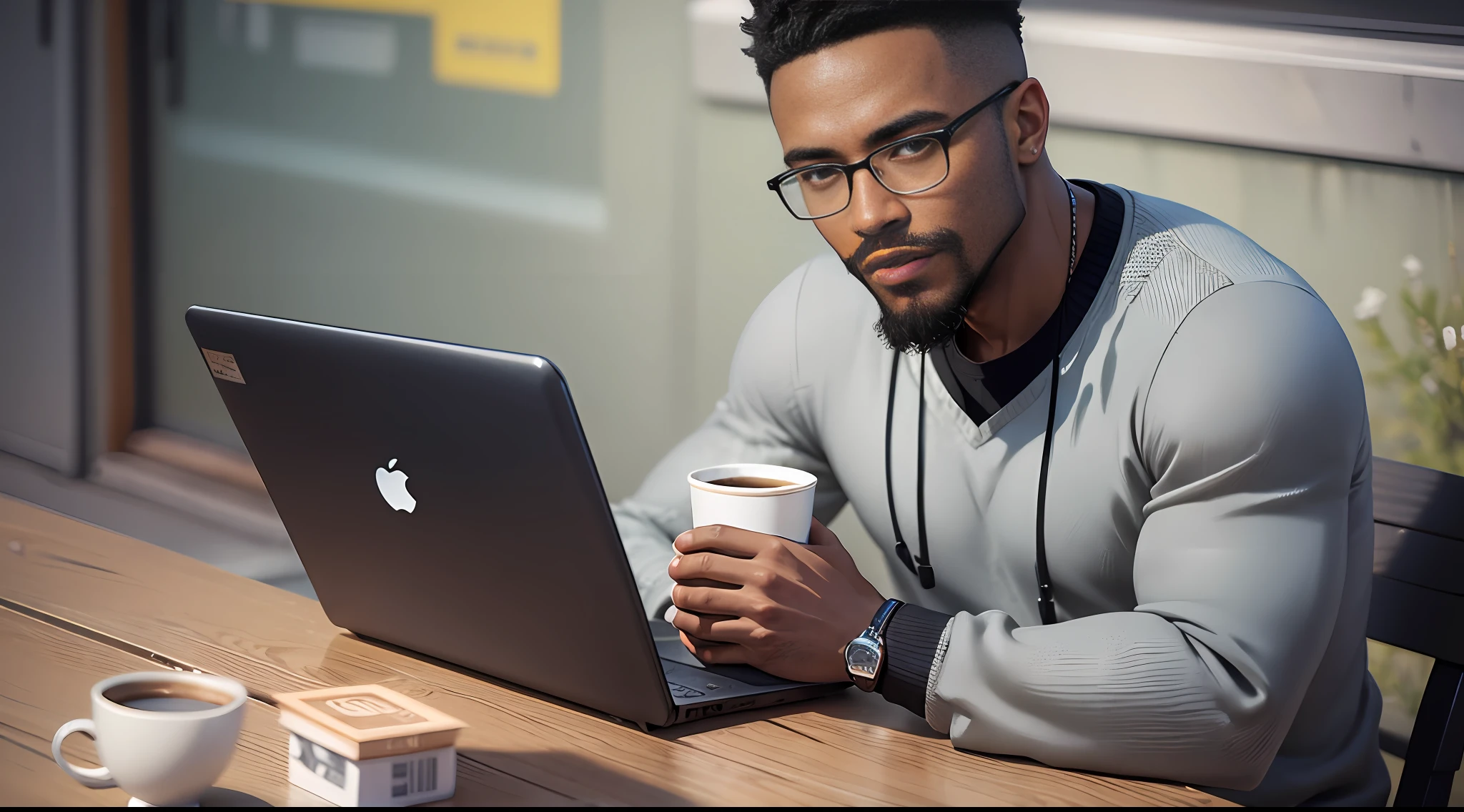 1 black man, shaved black hair, short beard in black sweatshirt, sitting in his chair facing the table with a cup of coffee and a laptop. Outside tonight --auto --s2