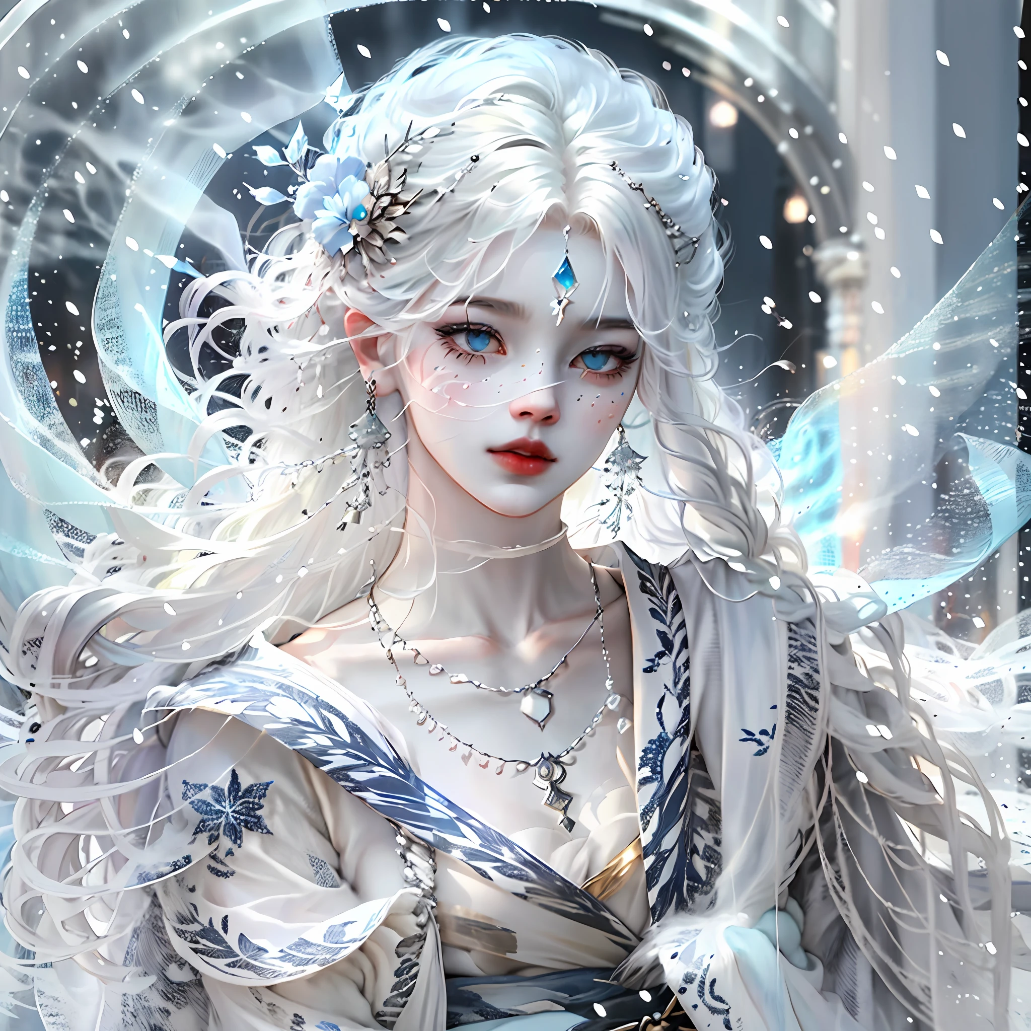 A snow spirit appeared on a blizzard night when the snow and wind were blowing violently, The spirit is very beautiful, wearing a white kimono, her skin is translucent white, her hair is long and black, her eyes are shining blue, and the strong wind is making the spirit's long black hair sway violently, In the darkness, only the genie is illuminated, very fantastic, the genie is dressed in pure white, beautiful face, lonely pale face, looking forward, but his eyes are slanting and he looks lonely, White dragon in background, watercolor, wet-on-wet or splatter technique, centered, perfect composition, abstract, surrealism --auto --s2
