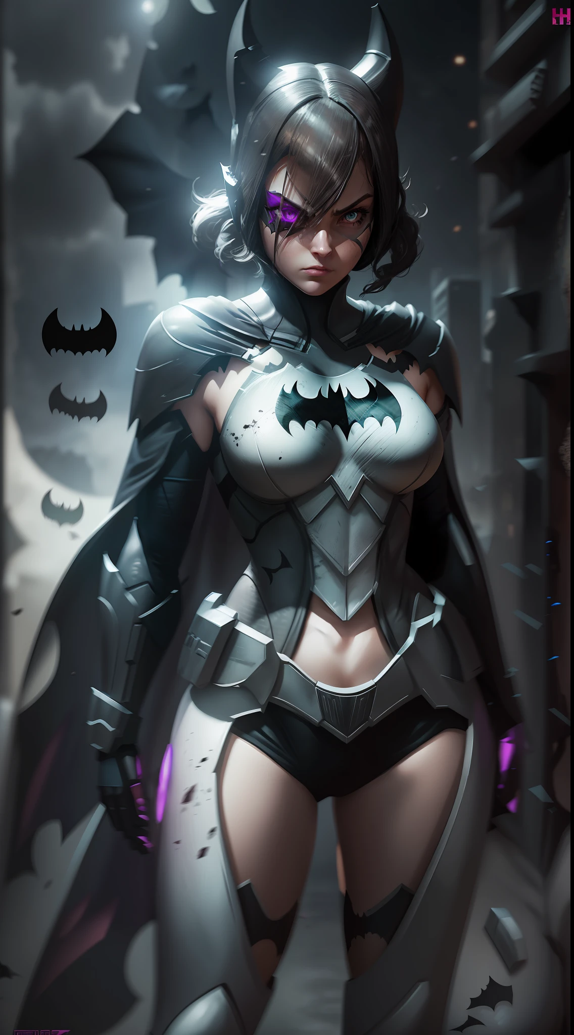 Female Batman, cute face, serious face, white batman armor, standing, post apocalytic dessert, night time, colorful background, UHD, side lighting, ultra realistic, ray tracing, full body must be shown