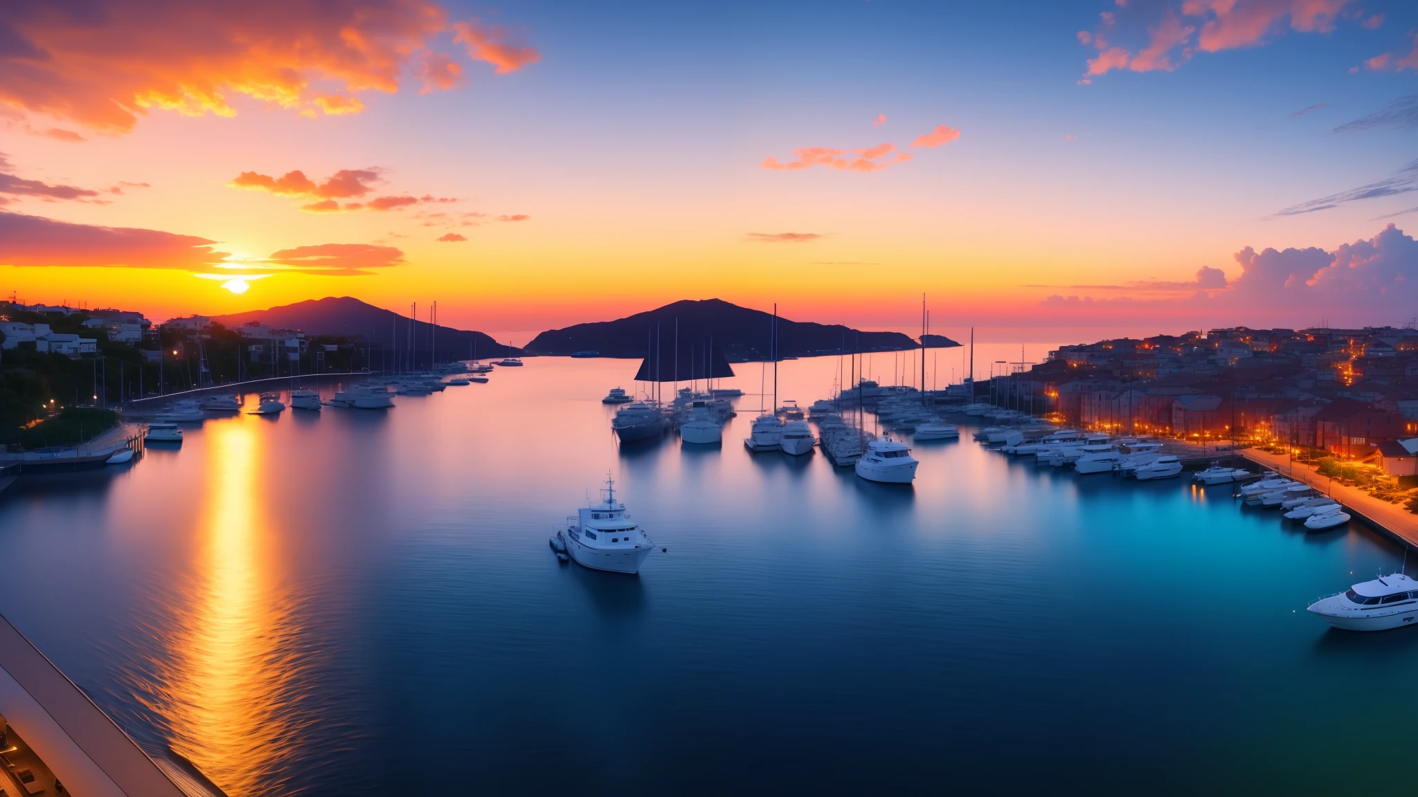 photo of 8k ultra realistic harbor, harbor, boats, sunset, beautiful light, golden hour, full of color, cinematic lighting, battered, trend in artstation, 4k, hyper-realistic, focused, extreme engine 5, cinematic, masterpiece, studio art Dramsworks -- air 16:9 -- s500 -- q2