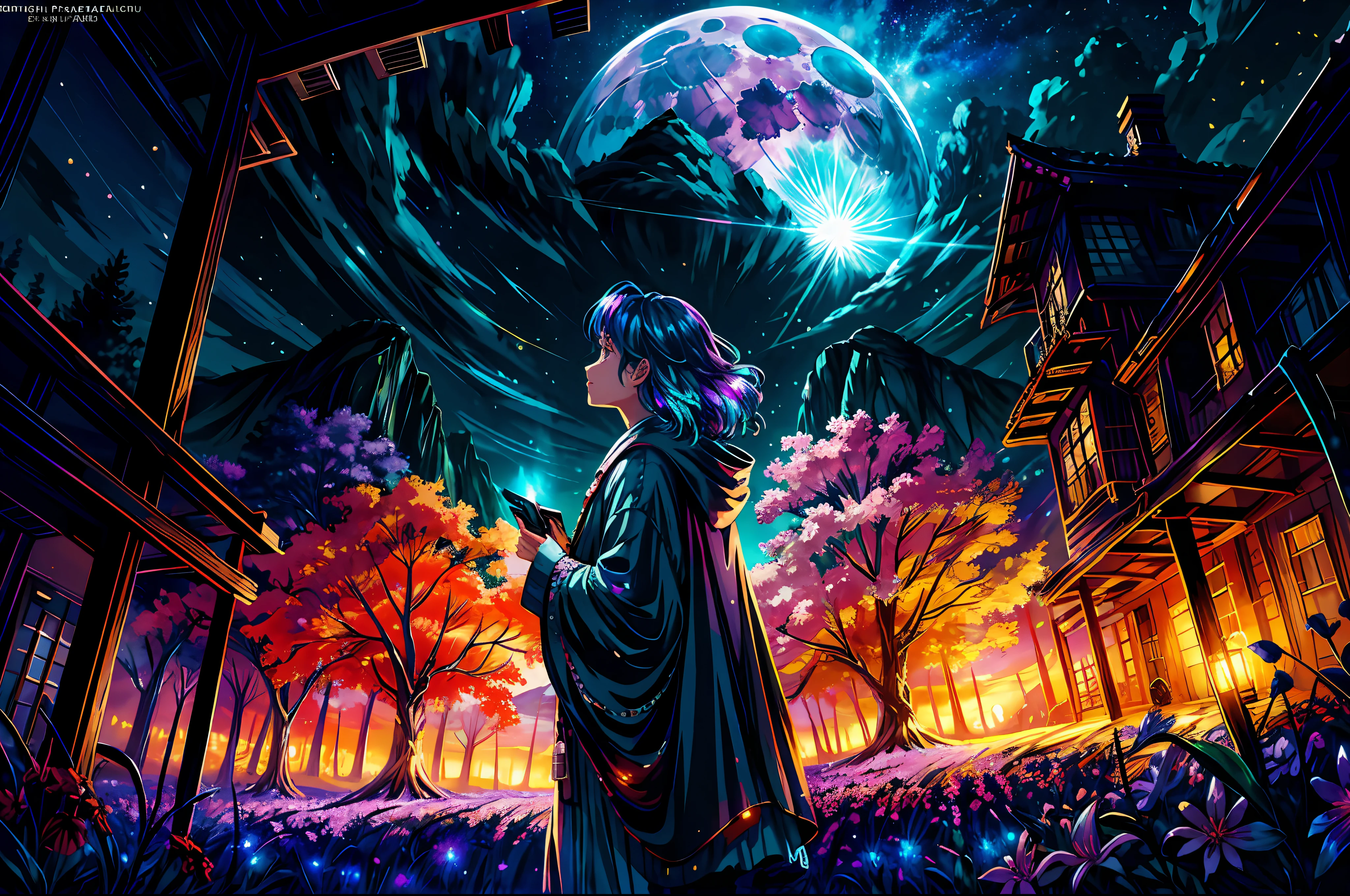 expansive landscape photograph , (a view from below that shows sky above and open field below), a girl standing on flower field looking up, (full moon:1.2), ( shooting stars:0.9), (nebula:1.3), distant mountain, tree BREAK
production art, (warm light source:1.2), (Firefly:1.2), lamp, lot of purple and orange, intricate details, volumetric lighting BREAK
(masterpiece:1.2), (best quality), 4k, ultra-detailed, (dynamic composition:1.4), highly detailed, colorful details,( iridescent colors:1.2), (glowing lighting, atmospheric lighting), dreamy, magical, (solo:1.2)