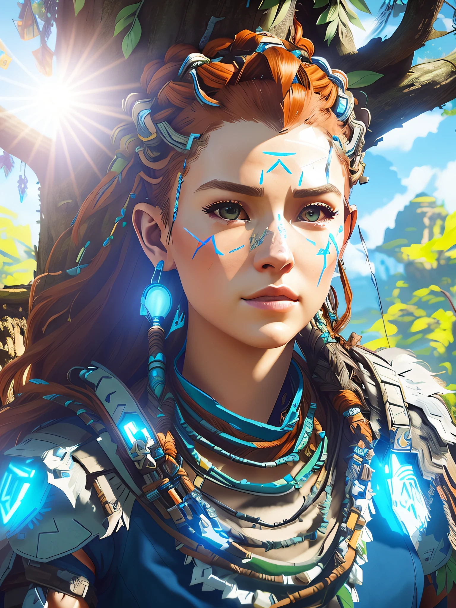 a close up of a woman with a large head piece and a tree, aloy, aloy from horizon: zero dawn, aloy from horizon zero dawn, horizon zero dawn 8 k, from horizon: zero down, horizon zero dawn, horizon zero dawn aesthetic, gameplay of horizon zero dawn, ultra detailed game art, horizon zero dawn machine, leds horizon zero dawn machine