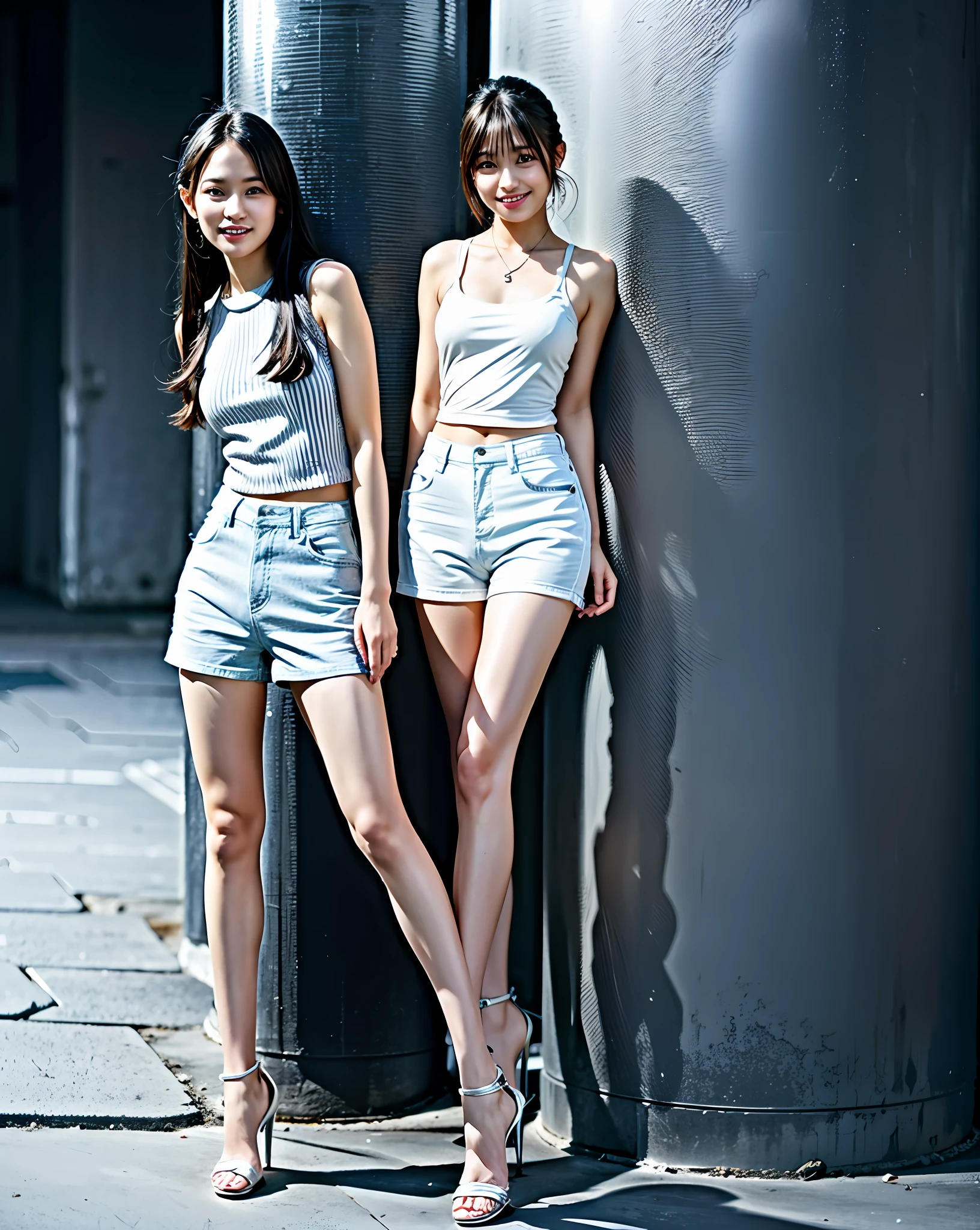 Top Quality, High Resolution, 8k, 1girl, (Big), Shorts, Sleeveless, Soft lighting, Shiny skin, looking at viewer, smile, full body, full body, standing, standing, beautiful legs, feet, high heels, hands horizontally