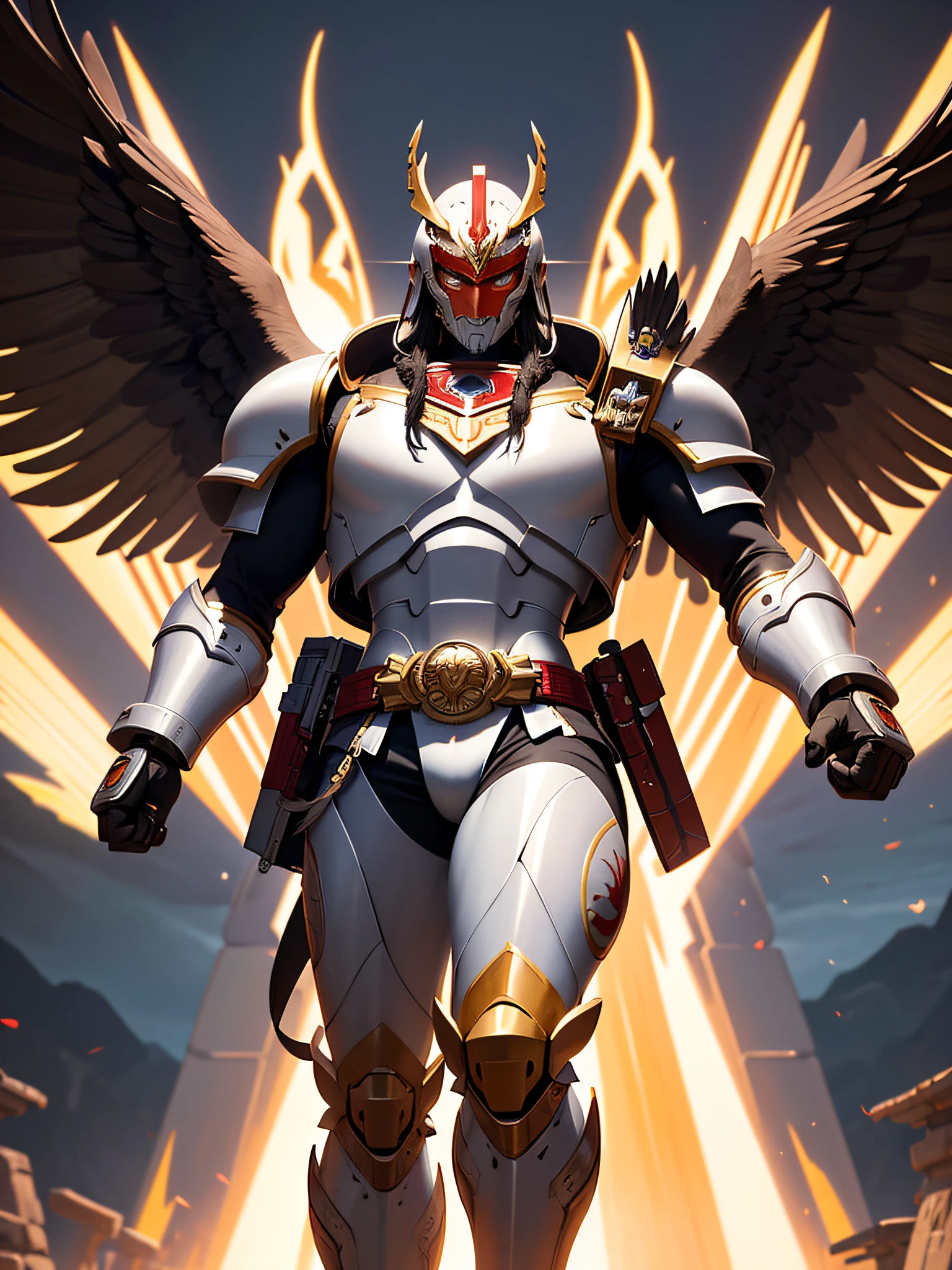 A warrior man with eagle head fighting with powerful ancient mech,hold power ranger sword,artwork in the style of guweiz,cyperpower mech, trending on cgstation, guweiz, by Russell Dongjun Lu, digital cyberpunk anime art, ross tran 8 k, guweiz on artstation pixiv, man in mecha cyber armor,detailed real face,face fully covered by red blank helmet,sword bent on chest