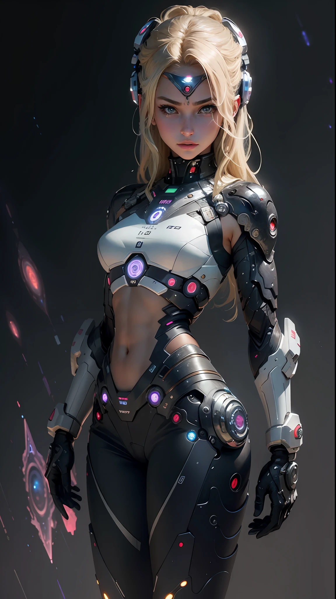 Beautiful cybernetic girl looking at camera, underwear detailed muscles realistic masterpiece, blonde hair, chakra meditation points, andromeda nebula as background