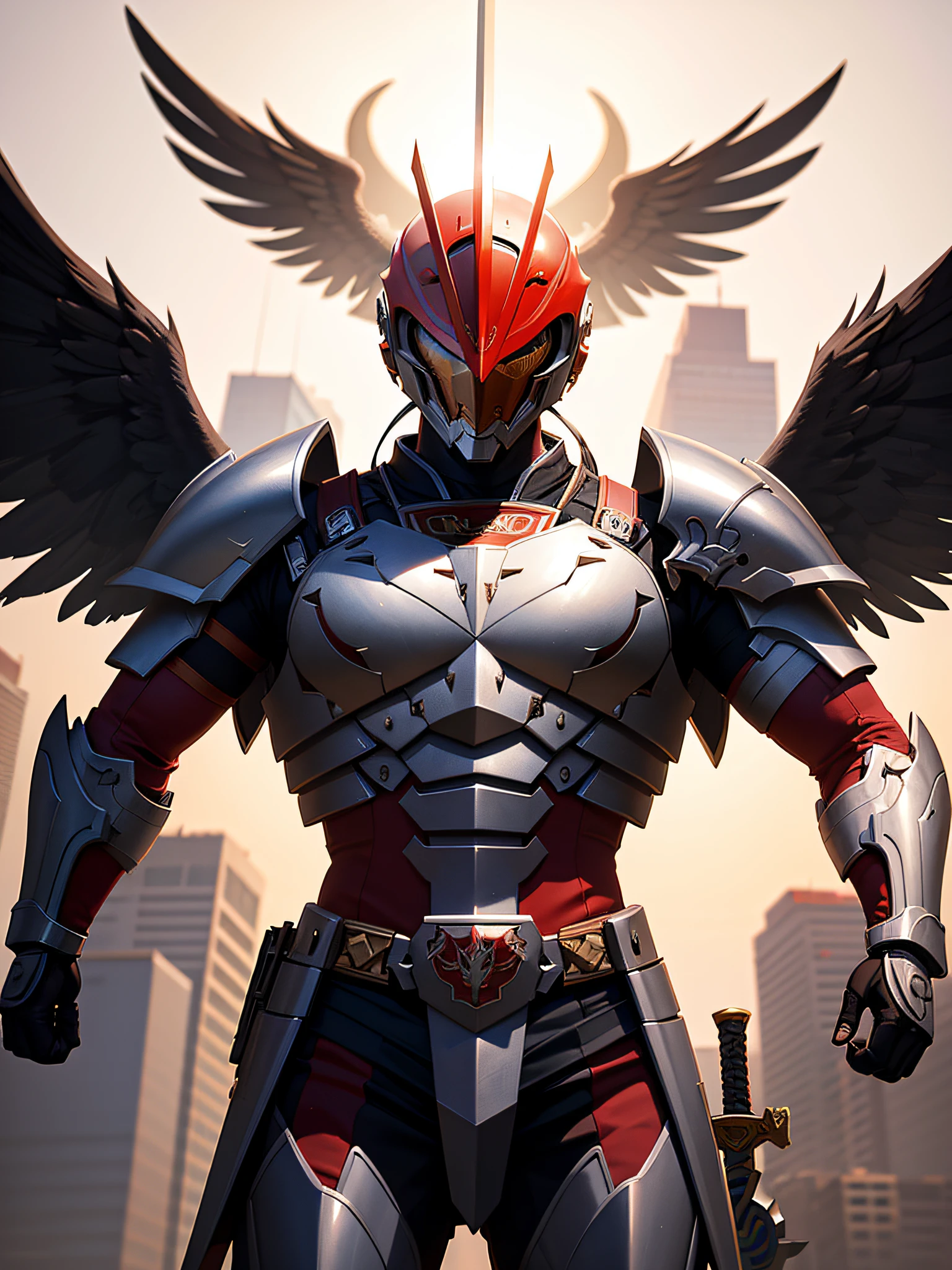 A warrior man with eagle head fighting with powerful ancient mech,hold power ranger sword,artwork in the style of guweiz,cyperpower mech, trending on cgstation, guweiz, by Russell Dongjun Lu, digital cyberpunk anime art, ross tran 8 k, guweiz on artstation pixiv, man in mecha cyber armor,detailed real face,face fully covered by red blank helmet,sword bent on chest