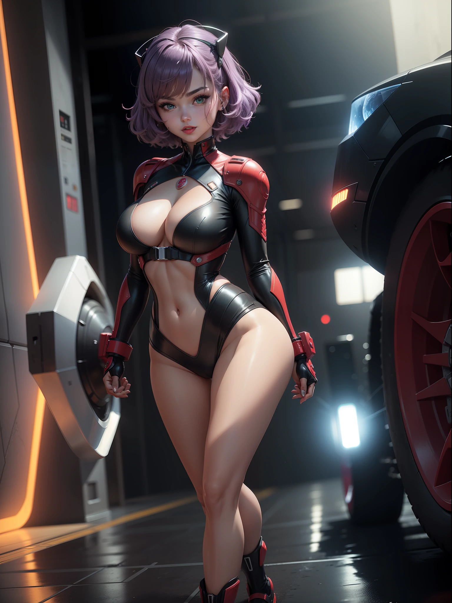 (full body photo, with feet on the ground, front view), ((Luana/Woman)) ({large breasts, Clothing:Black with white parts/Kamen Rider/Ninja/Samus Aran/extremely tight on body/transparent/water-soaked body and head, smiling, red cheek, mouth:Red lipstick). Luana is in a (futuristic city with several flying cars flying in the sky, this night). Luana has {(short purple colored hair, with teddy bear clip), (green eyes), looking at the viewer, closed fists, fighting position, futuristic weapons attached to her costume, belt with red jewel and blue jewel on the breastplate)}, anime, anime style, motion blur, 16k, high quality, super detail, textured skin, anatomically correct, masterpiece, masterpiece, masterpiece, UHD, ccurate