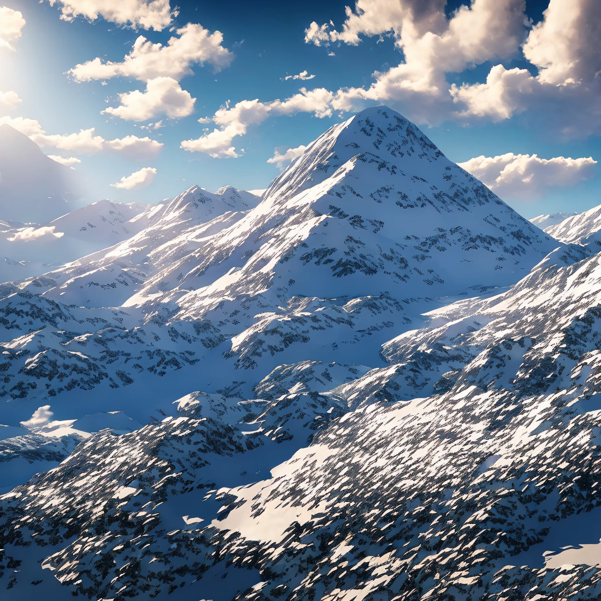 snow-capped mountains, 16:9, anime style, god rays, ray tracing, reflection light, cinematic lighting, high detail