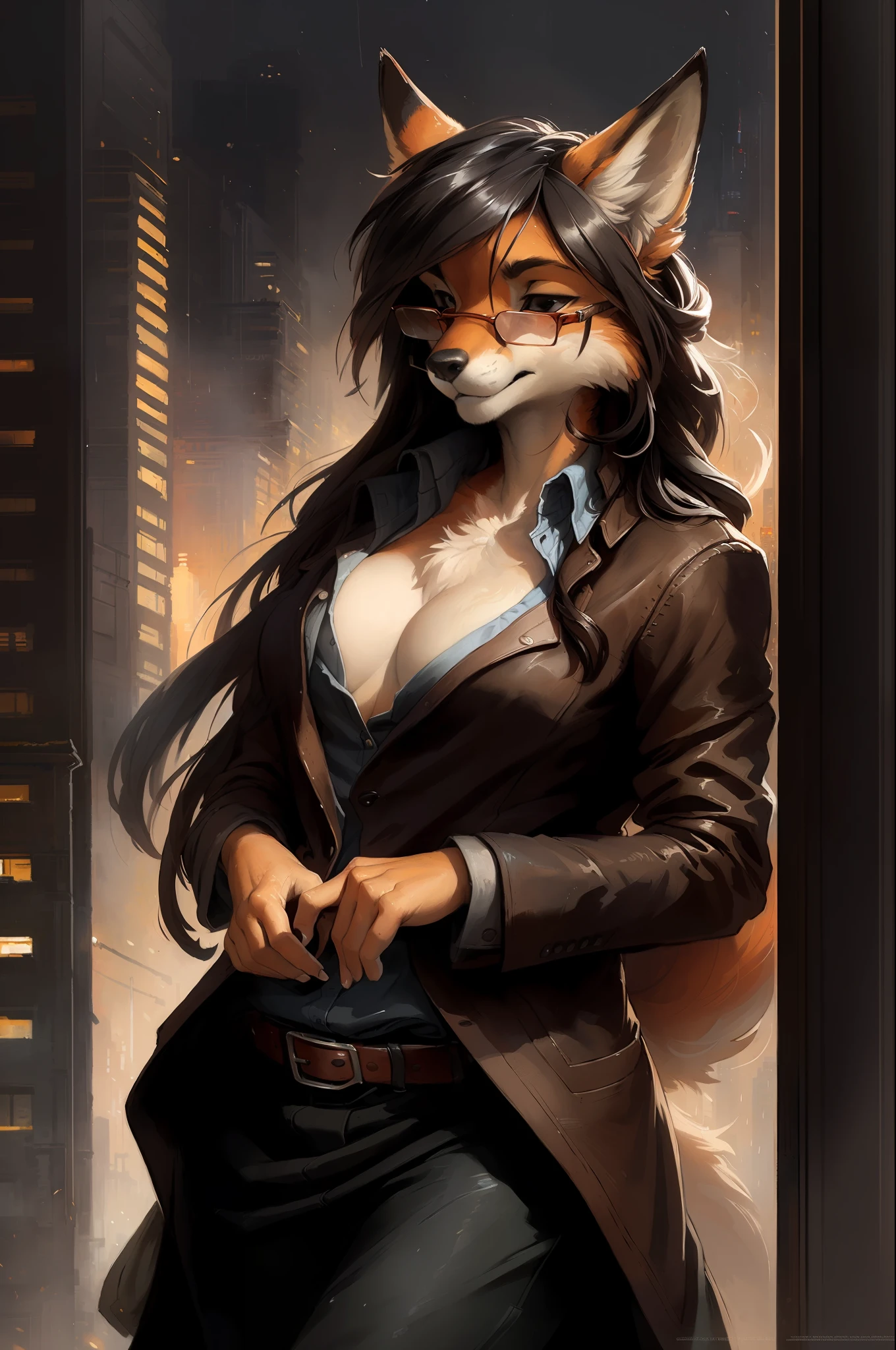 fox girl, big chest, day, sexy, sensual, detailed, uploaded to e621, beautiful and detailed portrait of an anthropomorphic vixen ((female))) kenket, ross tran, ruan jia, uploaded to e621, zaush, foxovh, film lighting, dressed as a private investigator, red glasses, smoking, city, ????, black and white, rain, long hair, night, mysterious, incognito