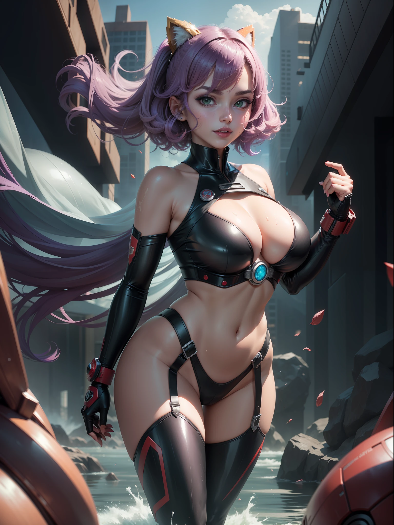 (full body photo, with feet on the ground, front view), ((Luana/Woman)) ({large breasts, Black with white parts/Kamen Rider/Ninja/Samus Aran costume/extremely tight on body/extremely exhibitionist/transparent/water-soaked body and head, smiling, red cheek, mouth: Red lipstick). Luana is in a (futuristic city with several flying cars flying in the sky, this night). Luana has {(hair:short purple color, with teddy bear clip), (eyes:green), looking at the viewer, closed fists, fighting position, futuristic weapons attached to her costume, belt with red jewel and blue jewel on the breastplate)}, anime, anime style, motion blur, 16k, high quality, super detail, textured skin, anatomically correct, masterpiece, masterpiece, masterpiece, UHD, ccurate