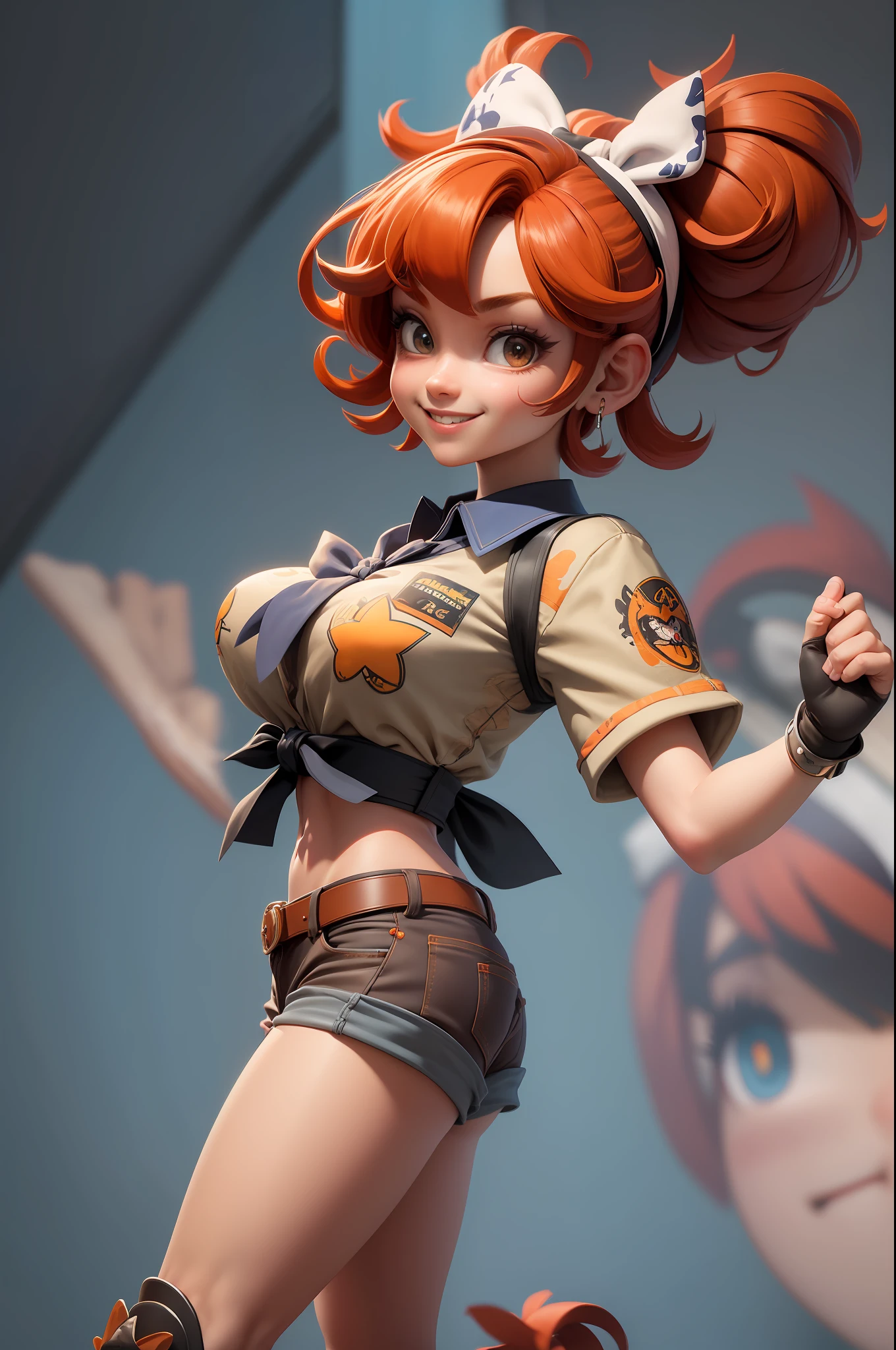 3dmm style, (masterpiece, best quality), intricate details, 1girl, solo, bea\(pokemon\), bow hair band, printed shirt, tied shirt, jeans, single glove, print shorts, knee pads, barefoot, cowboy shot, front, red clothing, red hair, smiling wide shot, long shot, wearing high heels on feet, arms and feathers stretched, heroic pose, tie, bow
