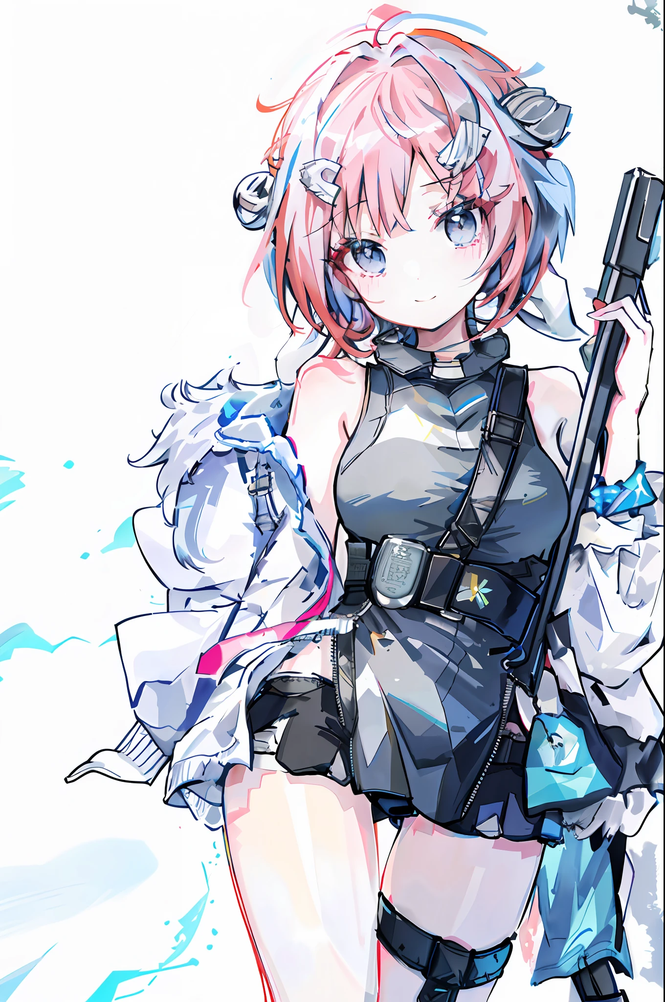 masterpiece, highres, 1girl, goddess of victory: nikke, pepper_(nikke), ペッパー(勝利の女神_NIKKE), beautiful face, detailed face, pink hair, bangs, headphones, gloves, blue neckerchief, sweater, thighs, blush, smile, large breasts, full body, bare shoulders, eyebrows visible through hair, headgear, long hair, looking at viewer, sweater dress, vest, standing