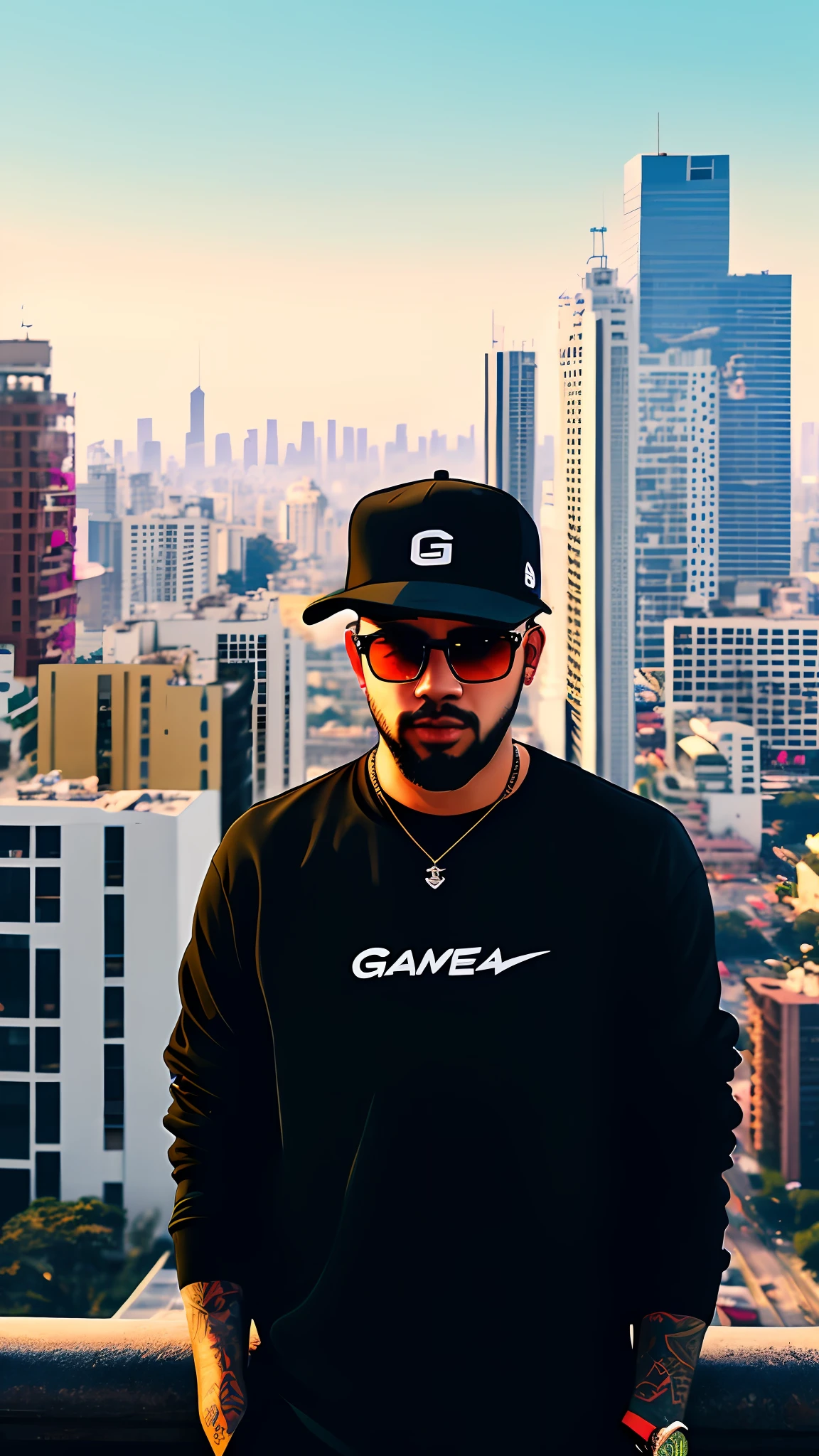 There is a man standing on the balcony of a building in the middle of downtown São Paulo with buildings in the background of day transform the design with visual style gta v, with a black cap, very high quality image, high quality photo, 8 K Matte, f, Bad Bunny, portrait shot 8 K, , Realism Artstyle gta v,   smooth in the background, rap, colorful photo, high quality, chillhop, lo fi, detailed graphics.