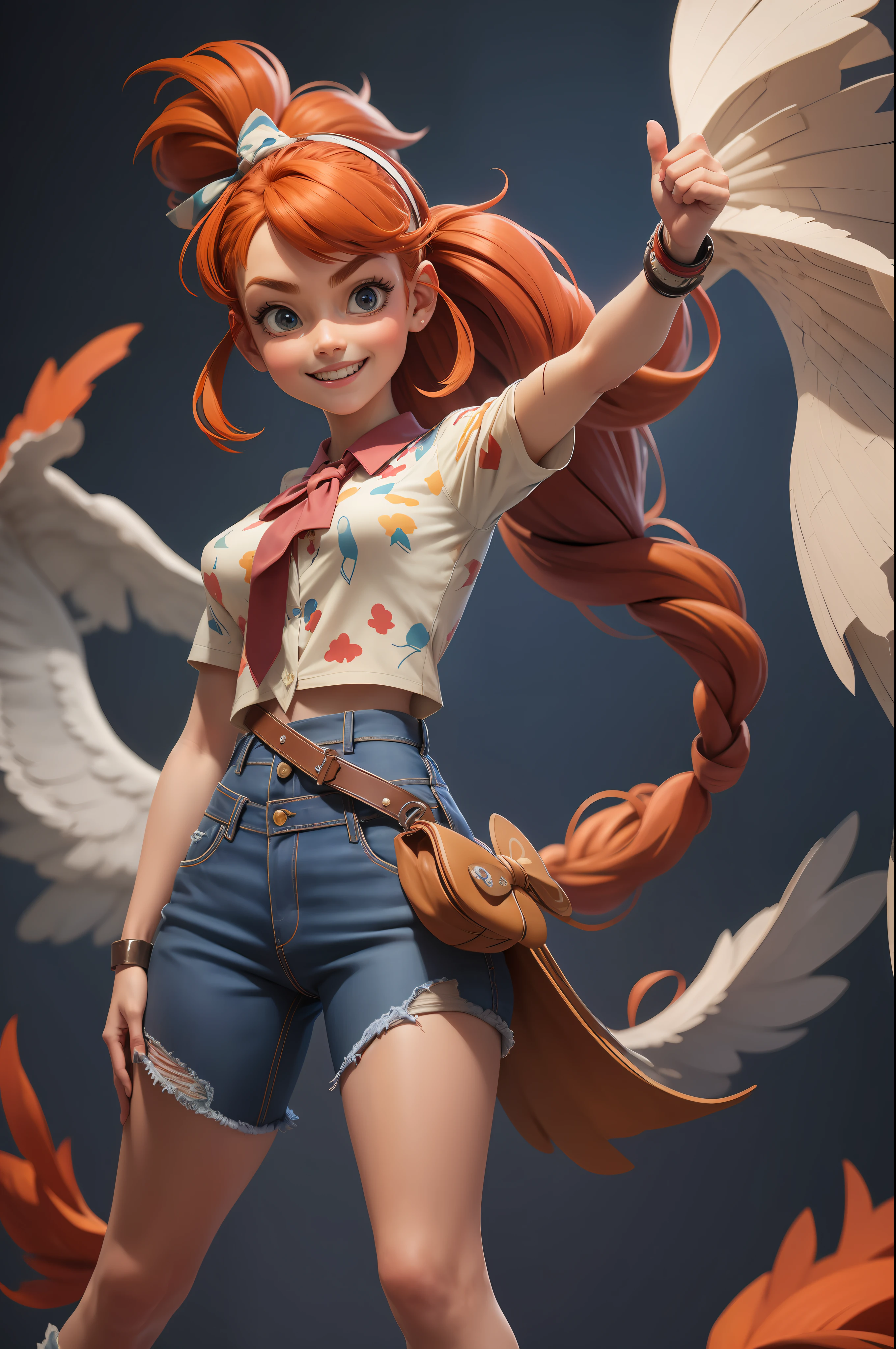 3dmm style, (masterpiece, best quality), intricate details, 1girl, solo, bea\(pokemon\), bow hair band, printed shirt, tied shirt, jeans, single glove, print shorts, knee pads, barefoot, cowboy shot, front, red clothing, red hair, smiling wide shot, long shot, wearing high heels on feet, arms and feathers stretched, heroic pose, tie, bow