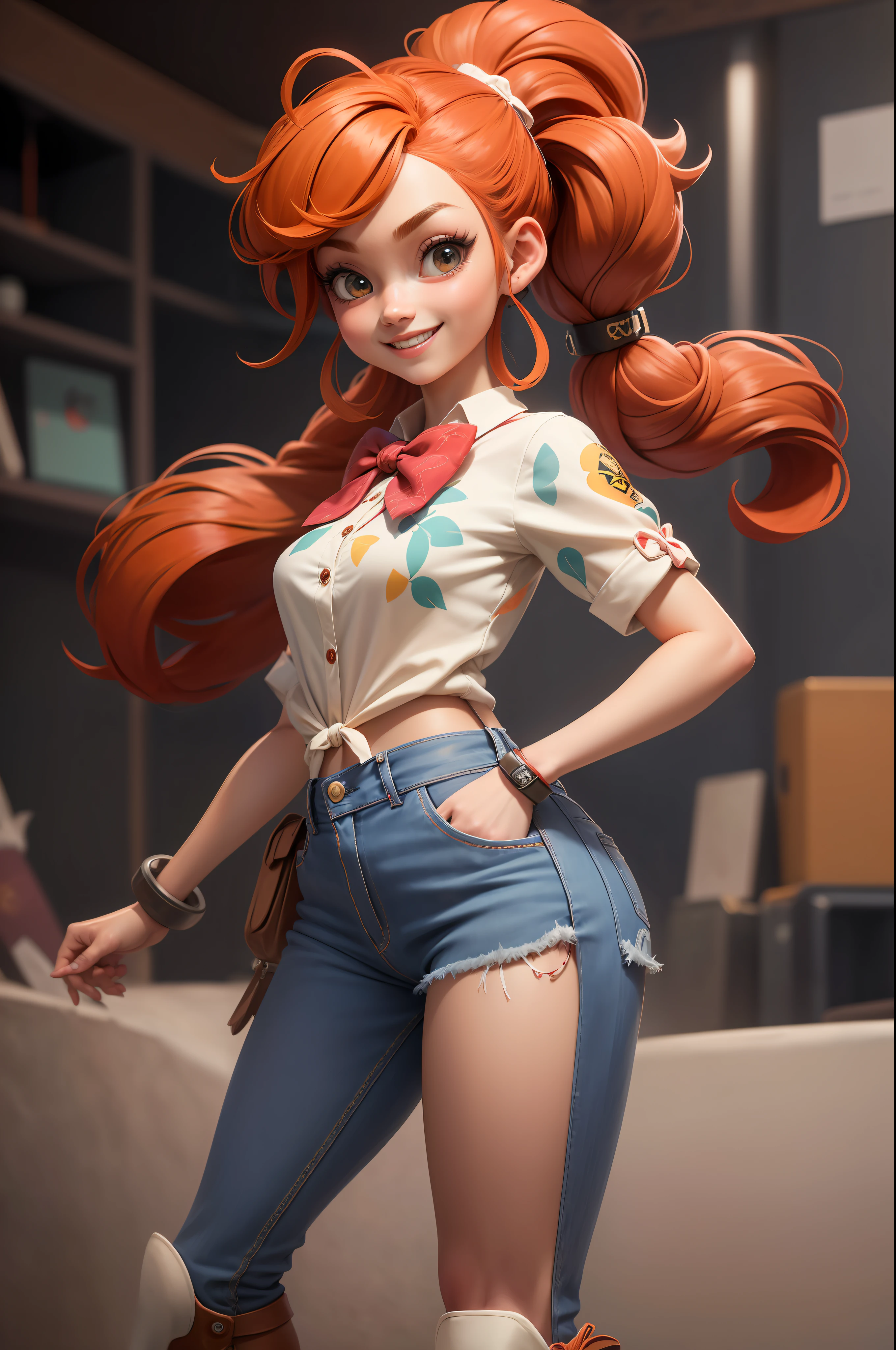3dmm style, (masterpiece, best quality), intricate details, 1girl, solo, bea\(pokemon\), bow hair band, printed shirt, tied shirt, jeans, single glove, print shorts, knee pads, barefoot, cowboy shot, front, red clothing, red hair, smiling wide shot, long shot, wearing high heels on feet, arms and feathers stretched, heroic pose, tie, bow
