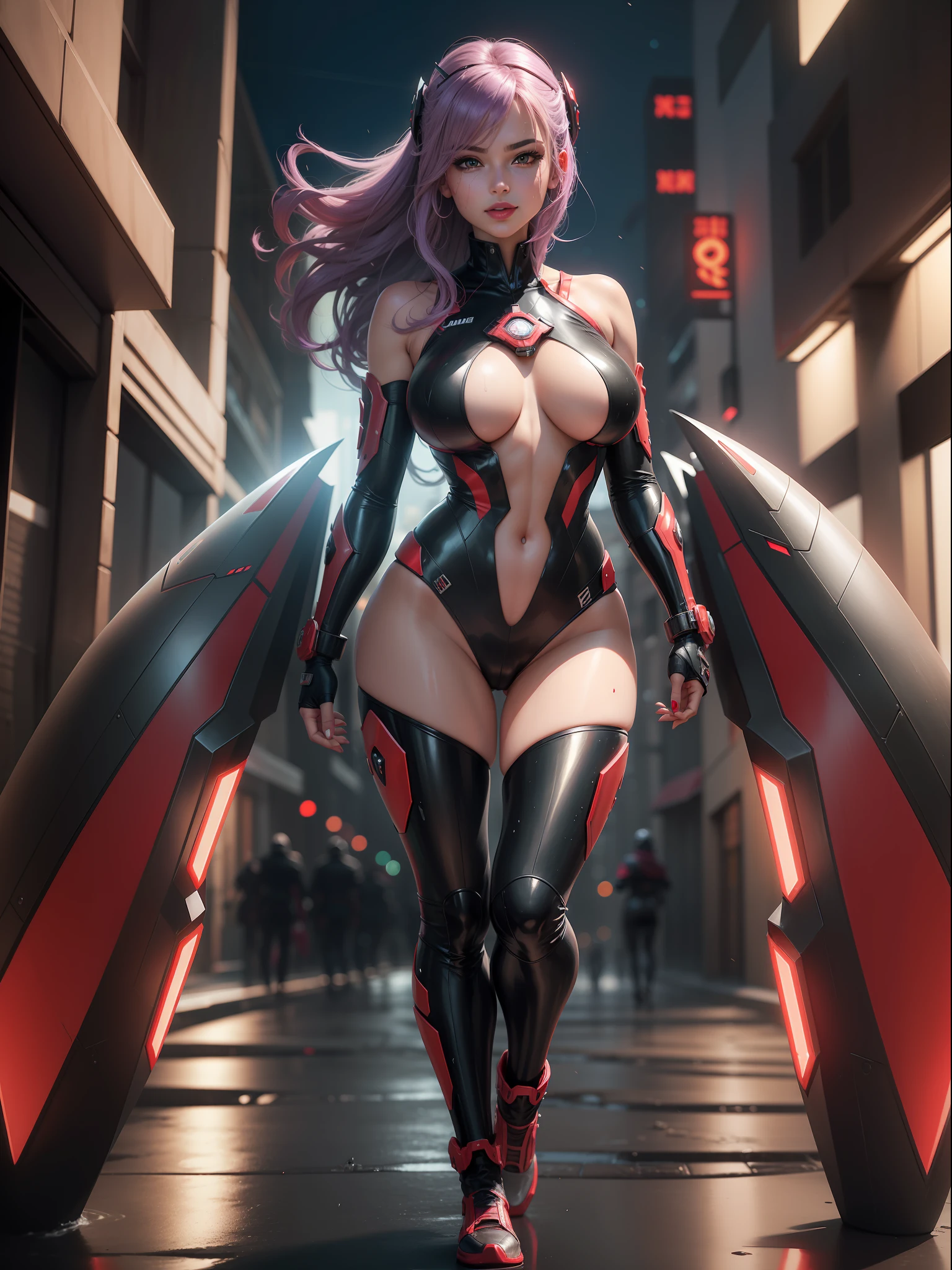 (full body photo, with feet on the ground, front view), ((Luana/Woman)) ({large breasts, Black with white parts/Kamen Rider/Ninja/Samus Aran costume/extremely tight on body/extremely exhibitionist/transparent/water-soaked body and head, smiling, red cheek, mouth: Red lipstick). Luana is in a (futuristic city with several flying cars flying in the sky, this night). Luana has {(hair: short, purple color, with teddy bear clip), (eyes: green), looking at the viewer, closed fists, fighting position, futuristic weapons attached to her costume, belt with red jewel and blue jewel on the breastplate)}, anime, anime style, motion blur, 16k, high quality, super detail, textured skin, anatomically correct, masterpiece, masterpiece, masterpiece, UHD, ccurate