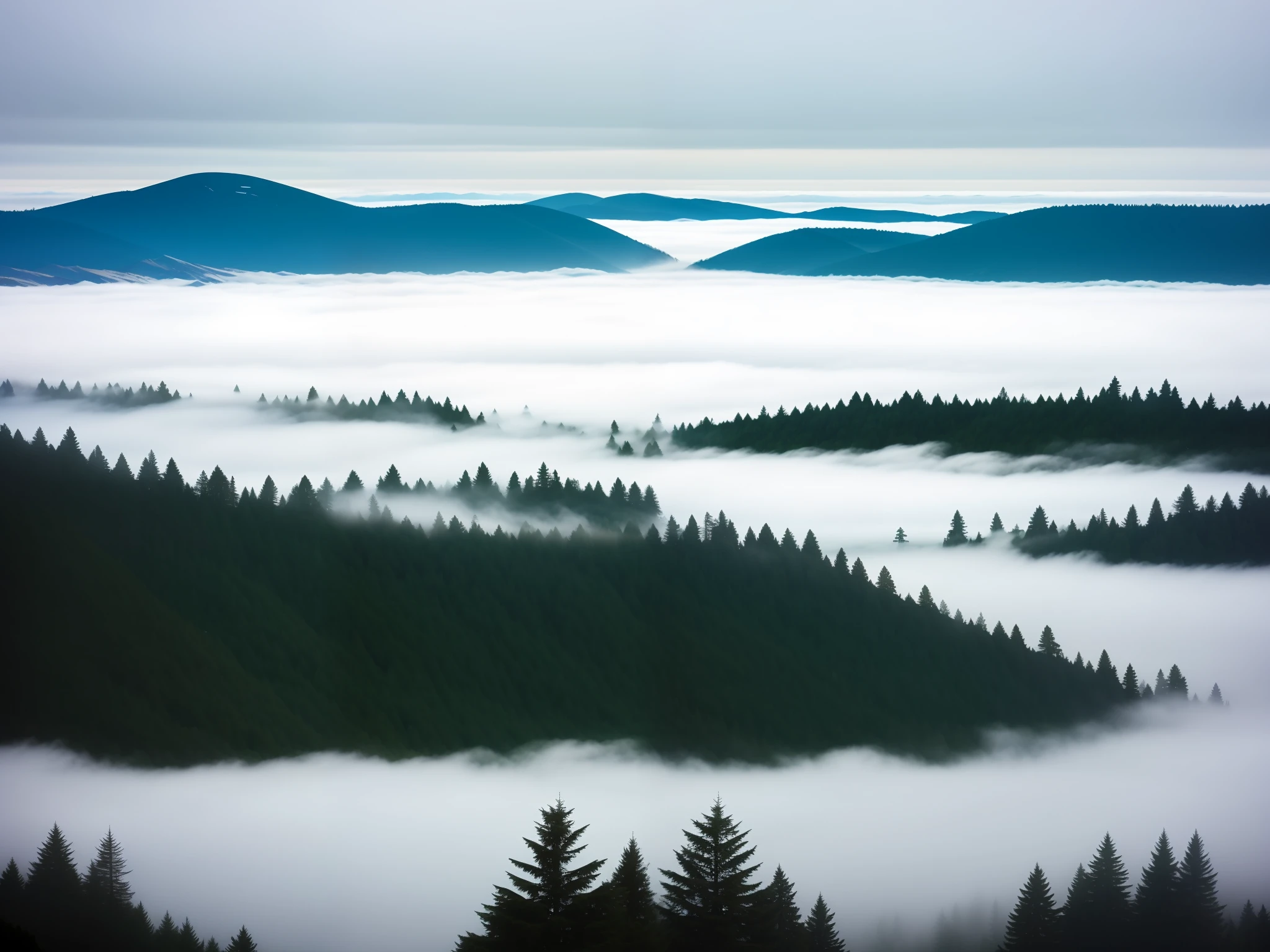 there is a view of a valley with a few trees and a hill, mist floats in the air, walking above the clouds and fog, in the bottom there a lot of fog, low fog layer, fog in the background, mist in valley, fog in background, view above the clouds, fog rolling in, fogy, mist, with fog, above the clouds